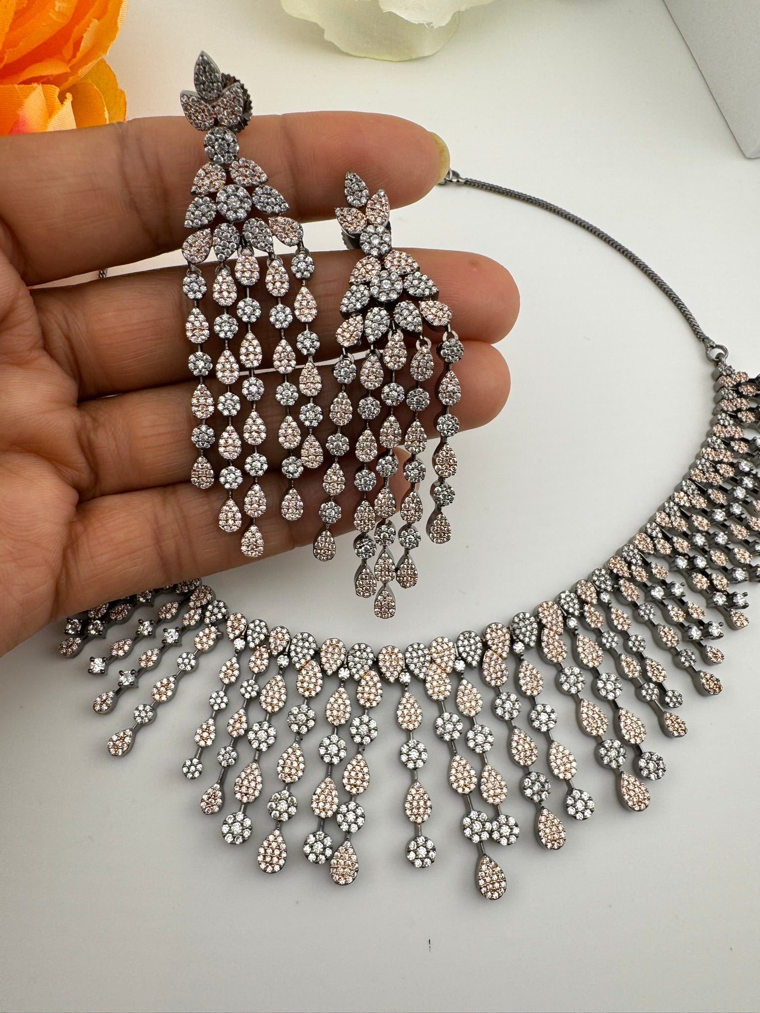 Unique Premium Victorian American Diamond, Cubic Zirconia Bridal Necklace with long earrings