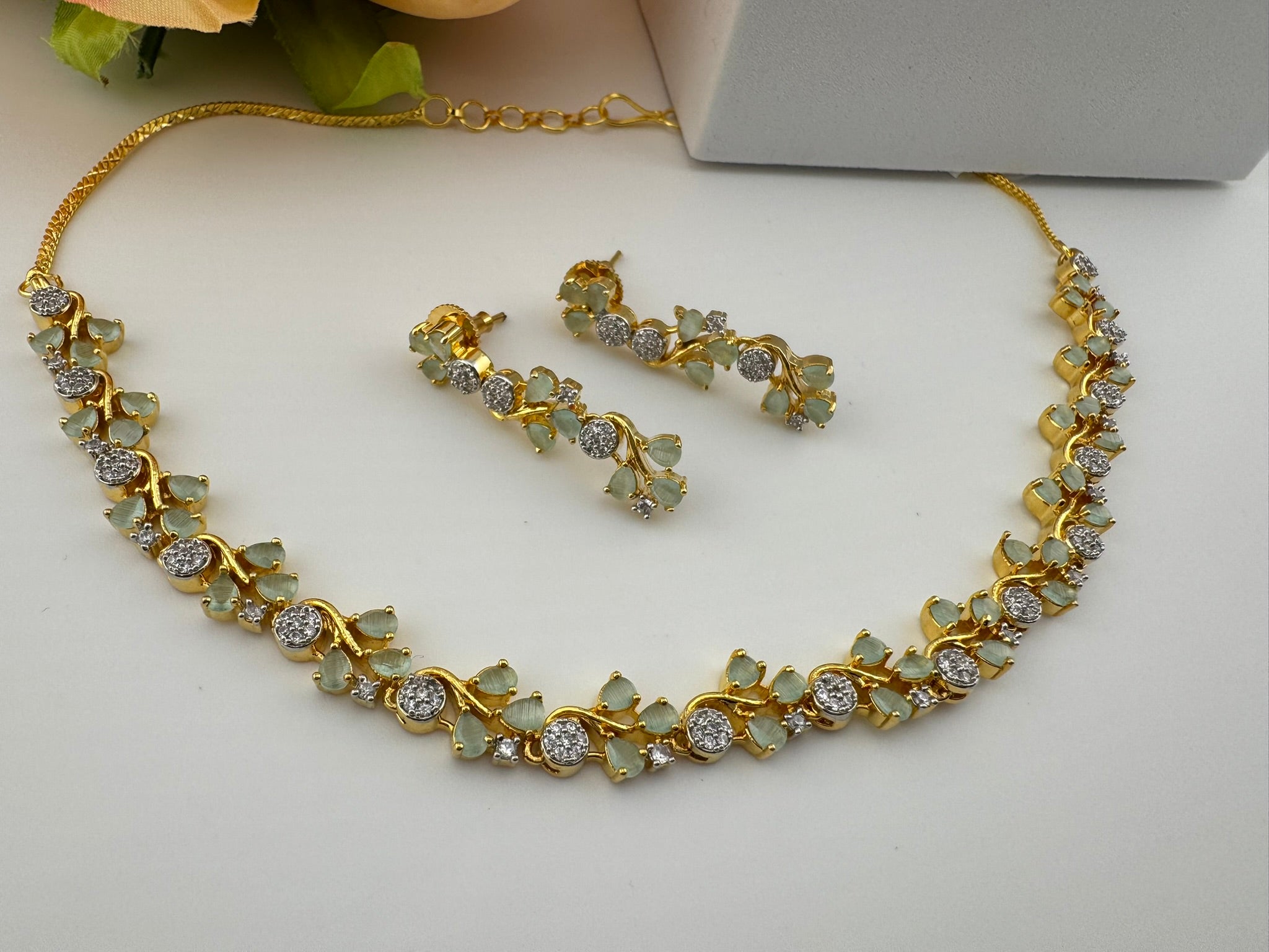 Premium American Diamond, Cubic Zirconia, Stones, Gold Polish, Flower Necklace set with earrings