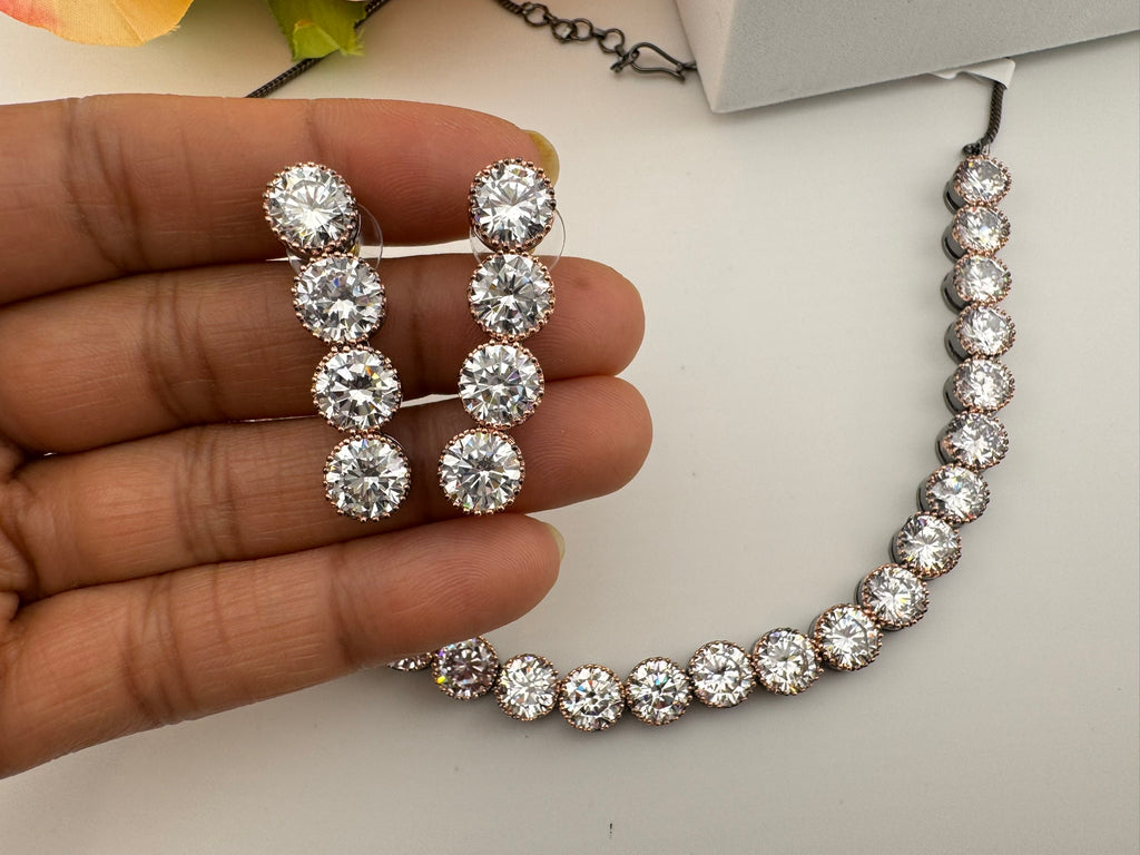 Premium Victorian American Diamond, Cubic Zirconia, Rose Gold, High Shine Sleek Necklace set with long earrings