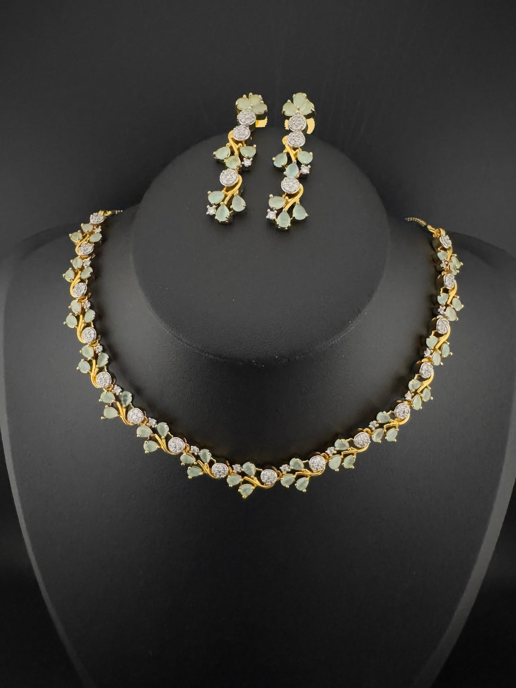 Premium American Diamond, Cubic Zirconia, Stones, Gold Polish, Flower Necklace set with earrings