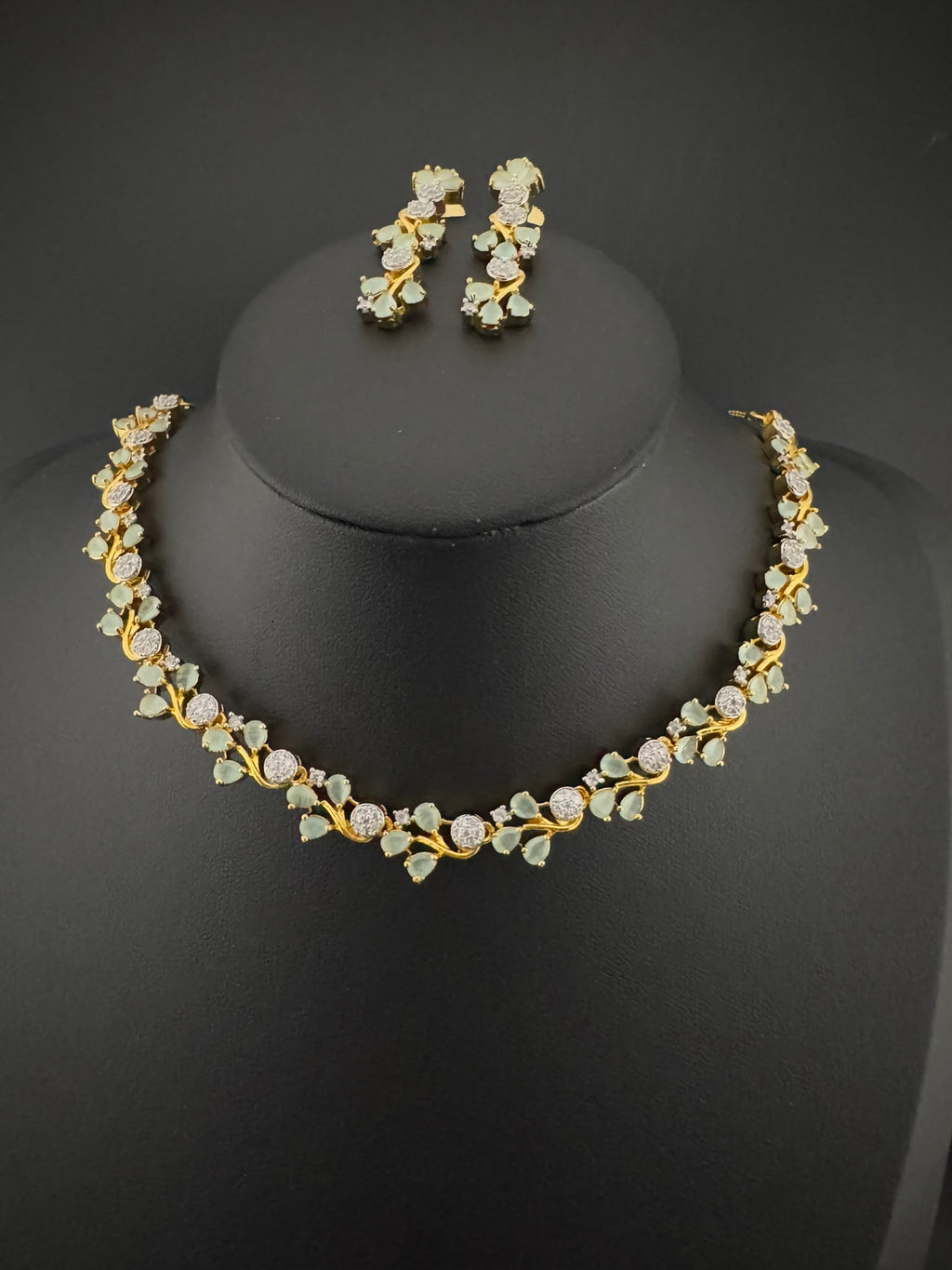 Premium American Diamond, Cubic Zirconia, Stones, Gold Polish, Flower Necklace set with earrings