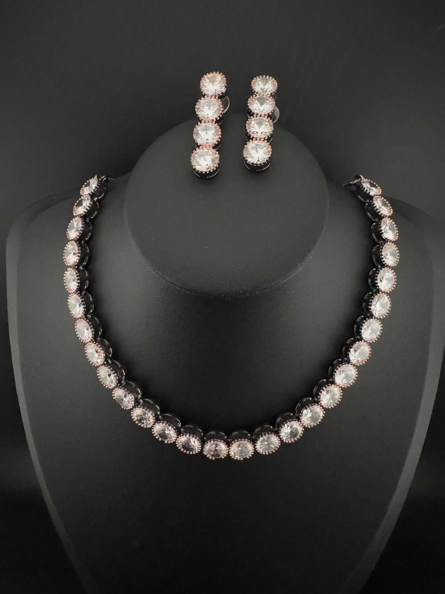 Premium Victorian American Diamond, Cubic Zirconia, Rose Gold, High Shine Sleek Necklace set with long earrings