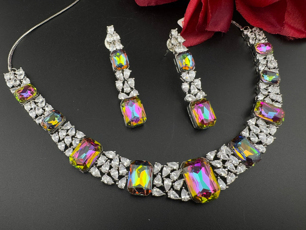 Pink and Multicolor Premium Designer Necklace set with Swarovski crystals, Cubic Zirconia, Bridal Wear Necklace