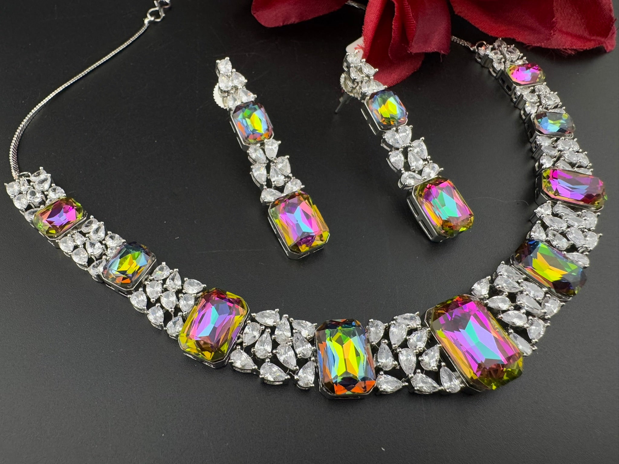 Pink and Multicolor Premium Designer Necklace set with Swarovski crystals, Cubic Zirconia, Bridal Wear Necklace