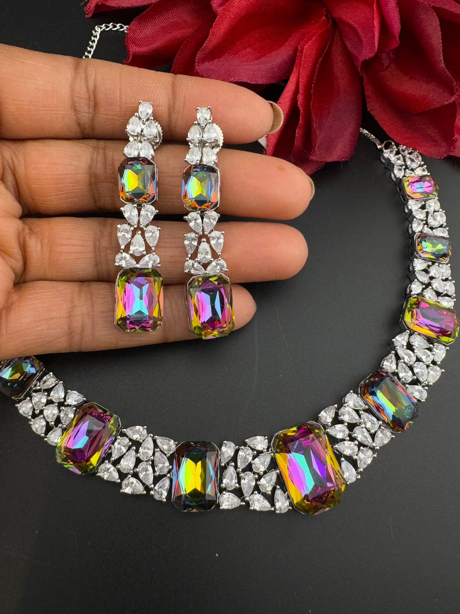 Pink and Multicolor Premium Designer Necklace set with Swarovski crystals, Cubic Zirconia, Bridal Wear Necklace