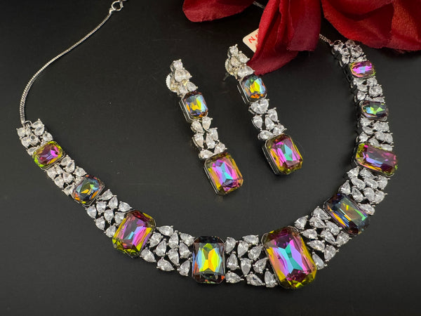 Pink and Multicolor Premium Designer Necklace set with Swarovski crystals, Cubic Zirconia, Bridal Wear Necklace