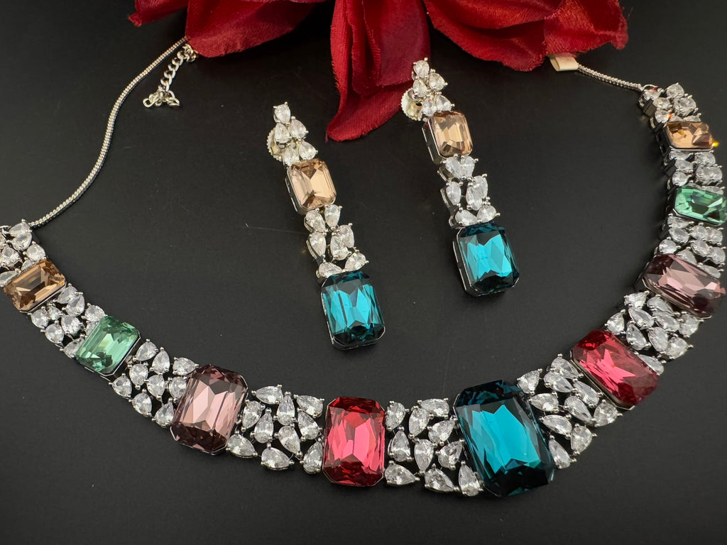 Pink and Multicolor Premium Designer Necklace set with Swarovski crystals, Cubic Zirconia, Bridal Wear Necklace