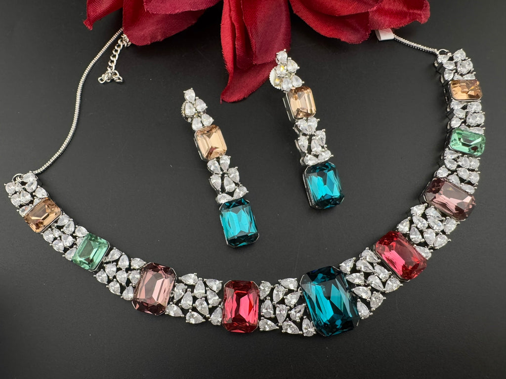 Pink and Multicolor Premium Designer Necklace set with Swarovski crystals, Cubic Zirconia, Bridal Wear Necklace