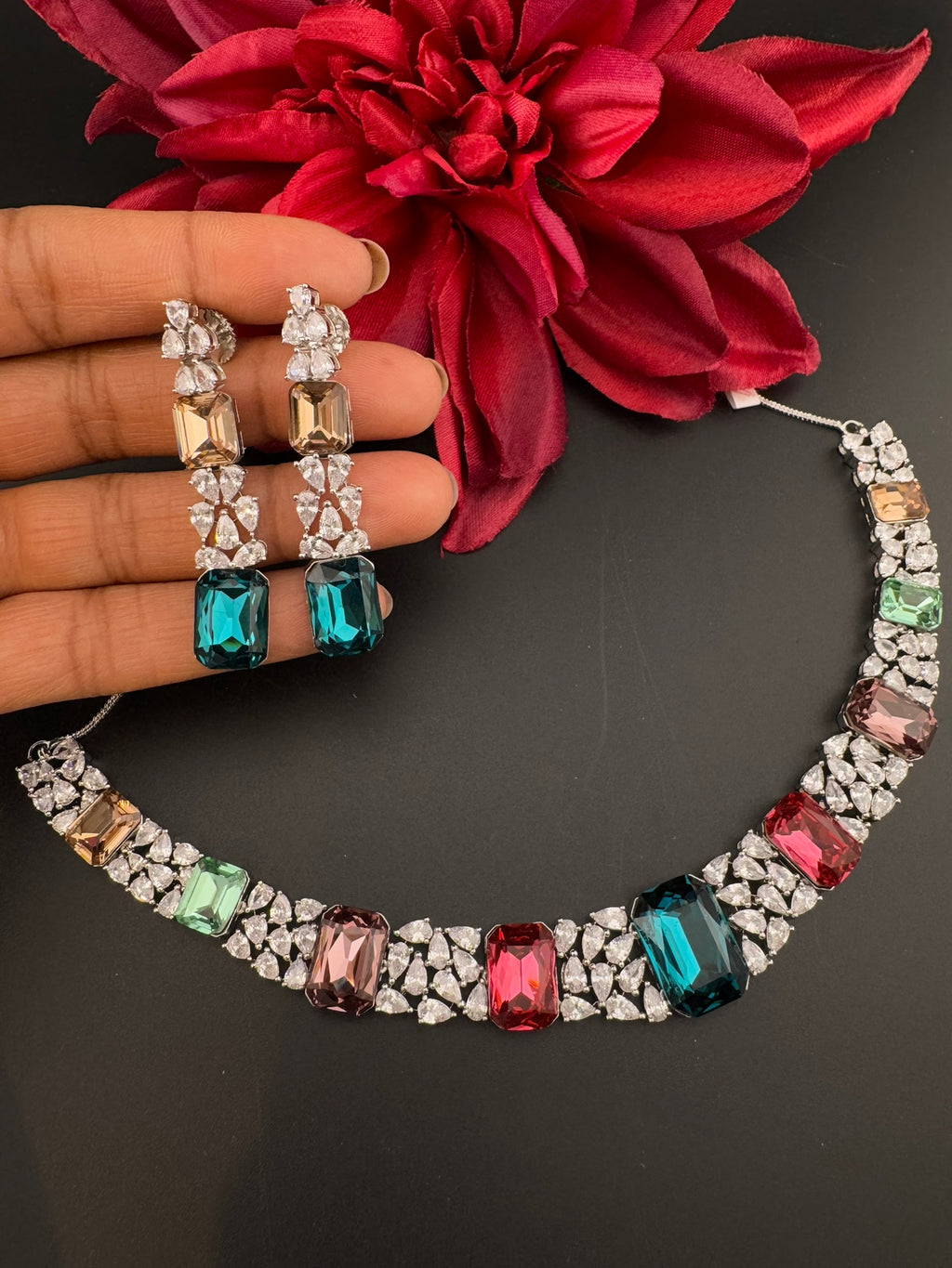 Pink and Multicolor Premium Designer Necklace set with Swarovski crystals, Cubic Zirconia, Bridal Wear Necklace