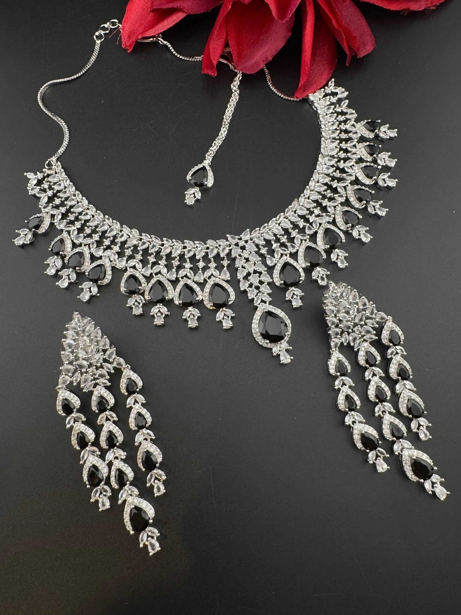 Black Premium Designer Necklace set with Swarovski crystals, Cubic Zirconia, Bridal Wear Necklace