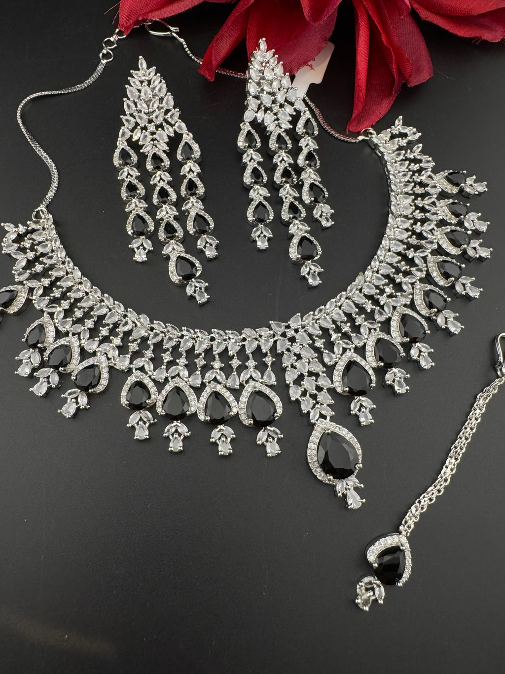 Black Premium Designer Necklace set with Swarovski crystals, Cubic Zirconia, Bridal Wear Necklace