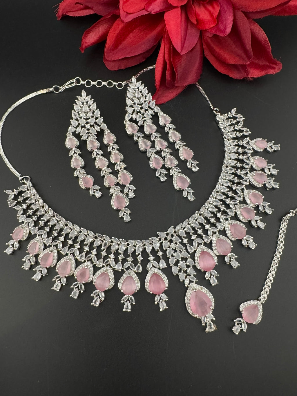 Pink Premium Designer Necklace set with Swarovski crystals, Cubic Zirconia, Bridal Wear Necklace