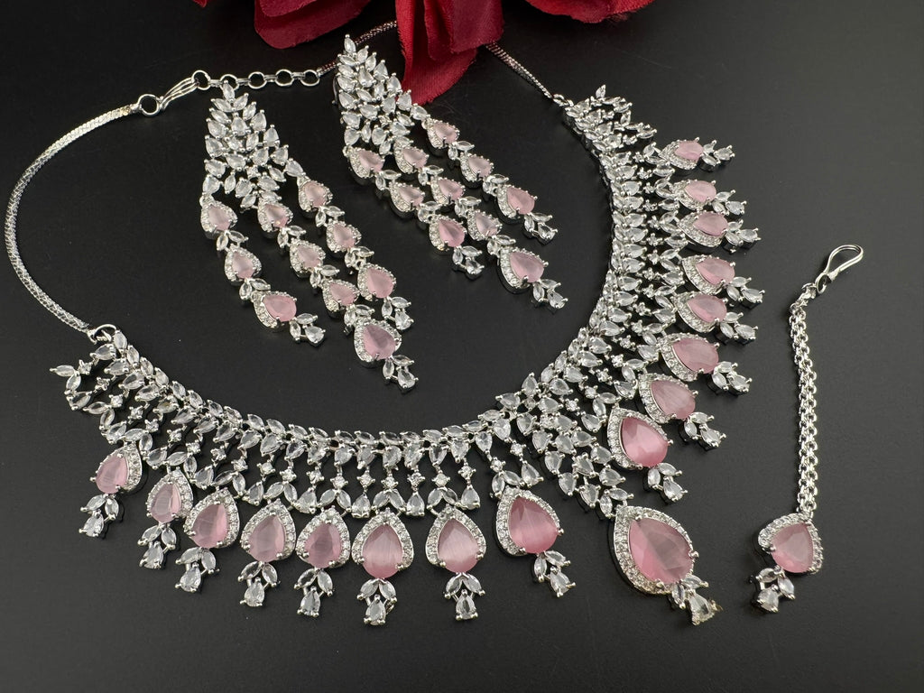 Pink Premium Designer Necklace set with Swarovski crystals, Cubic Zirconia, Bridal Wear Necklace