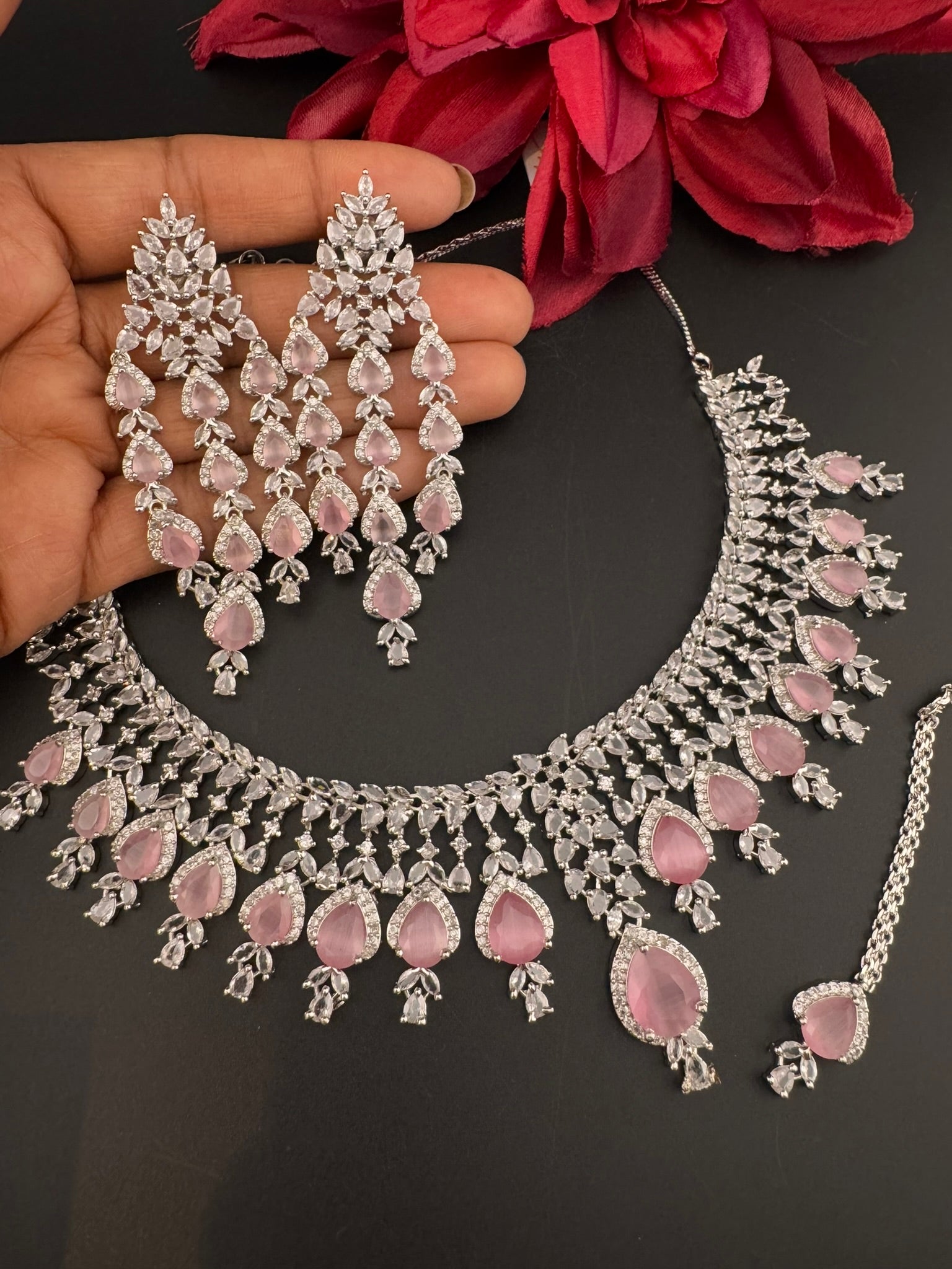 Pink Premium Designer Necklace set with Swarovski crystals, Cubic Zirconia, Bridal Wear Necklace