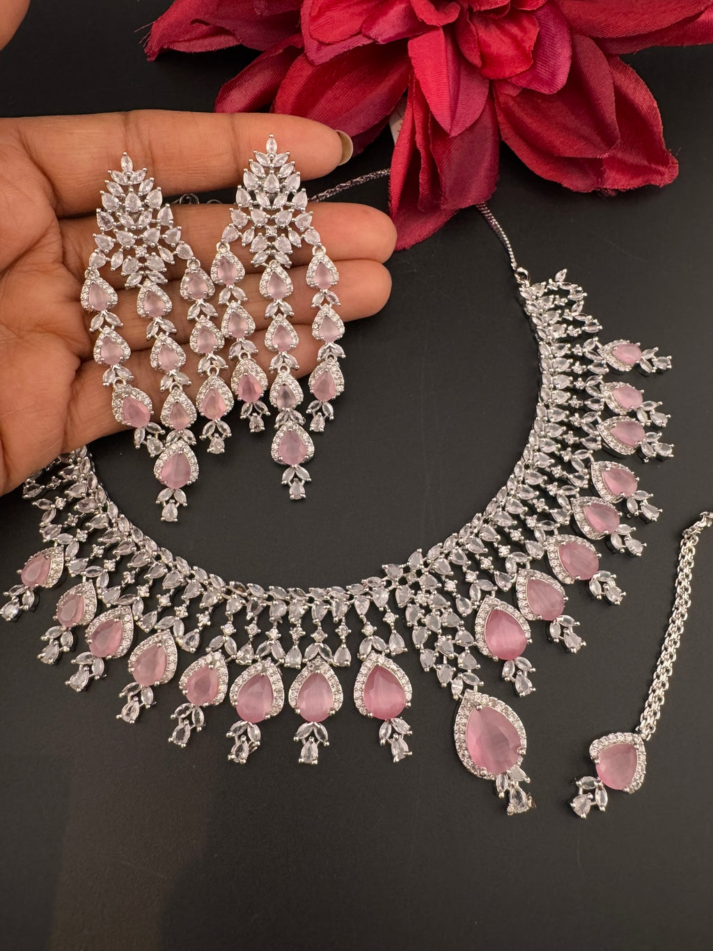 Pink Premium Designer Necklace set with Swarovski crystals, Cubic Zirconia, Bridal Wear Necklace