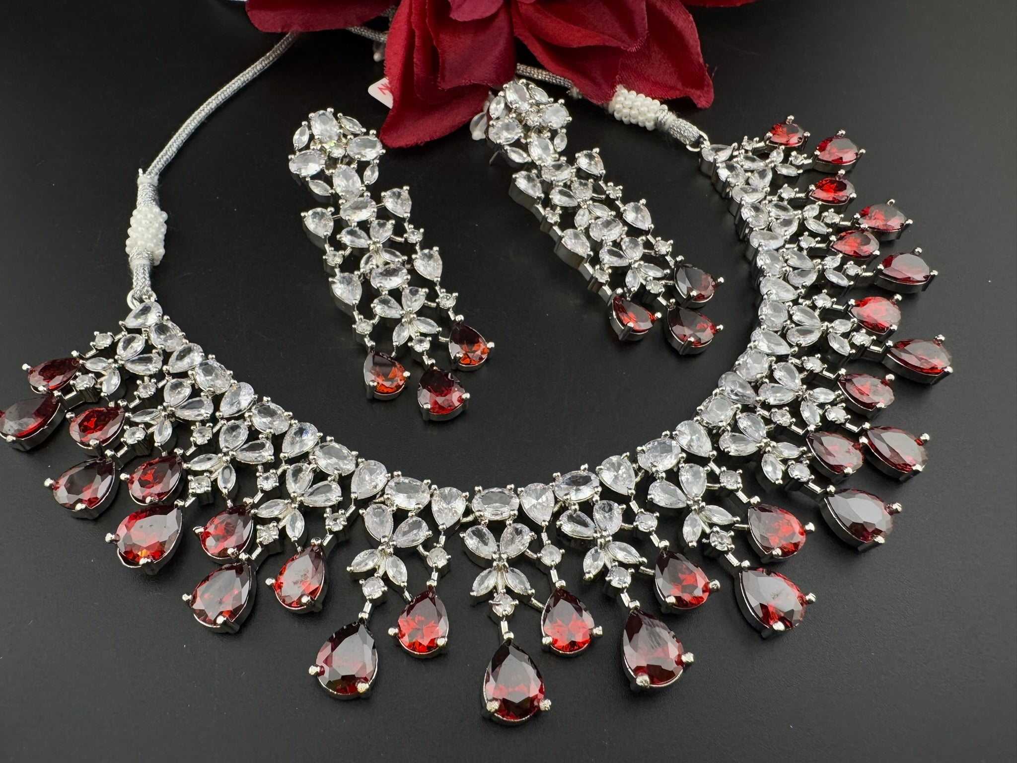Red Premium Designer Necklace set with Swarovski crystals, Cubic Zirconia, Bridal Wear Necklace