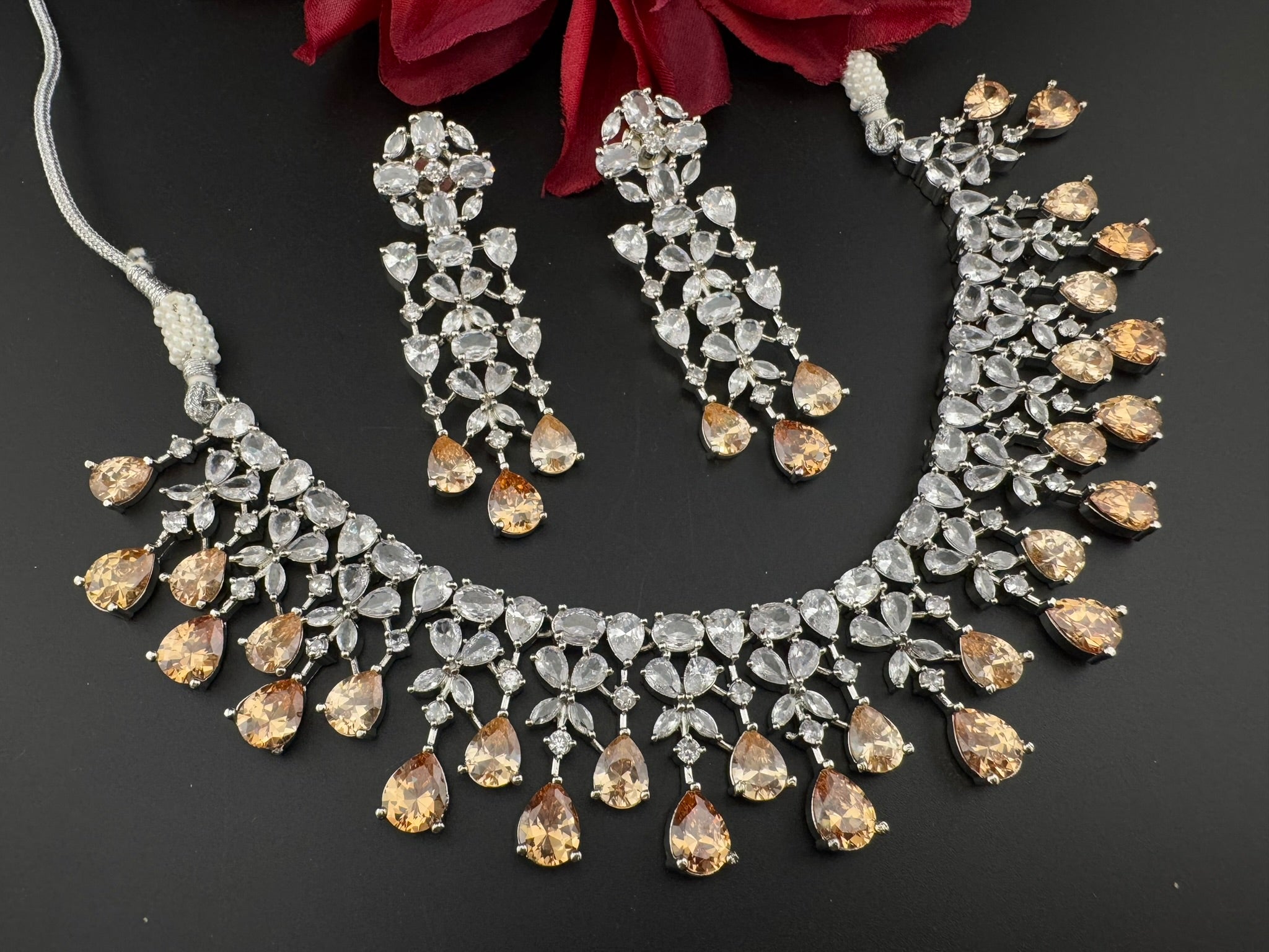 Champagne Premium Designer Necklace set with Swarovski crystals, Cubic Zirconia, Bridal Wear Necklace
