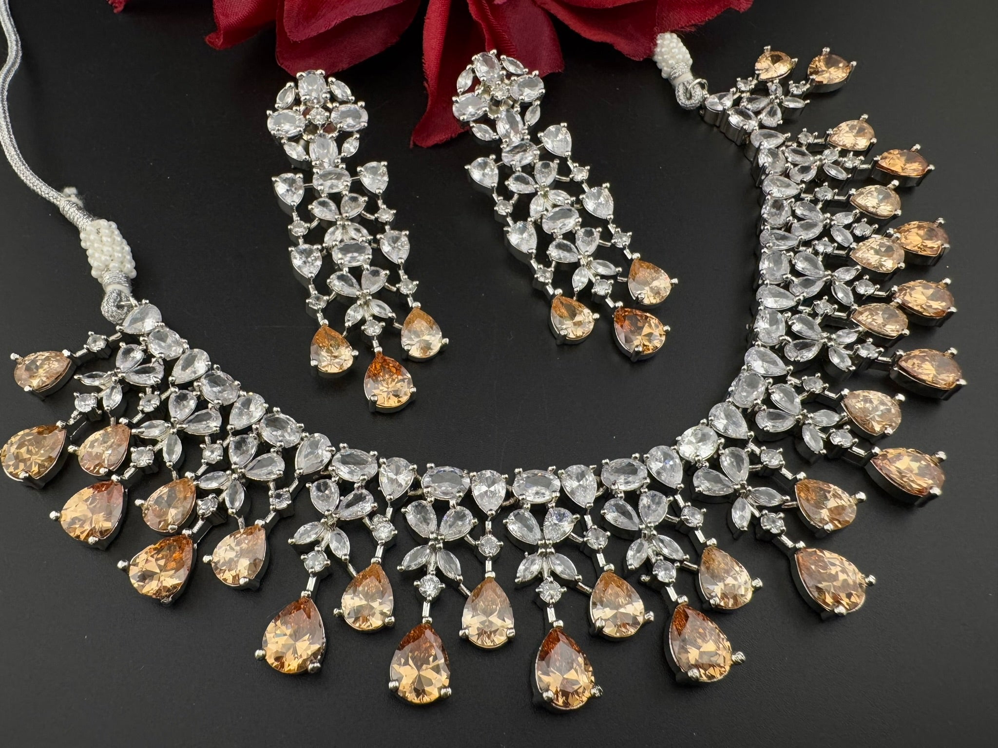 Champagne Premium Designer Necklace set with Swarovski crystals, Cubic Zirconia, Bridal Wear Necklace