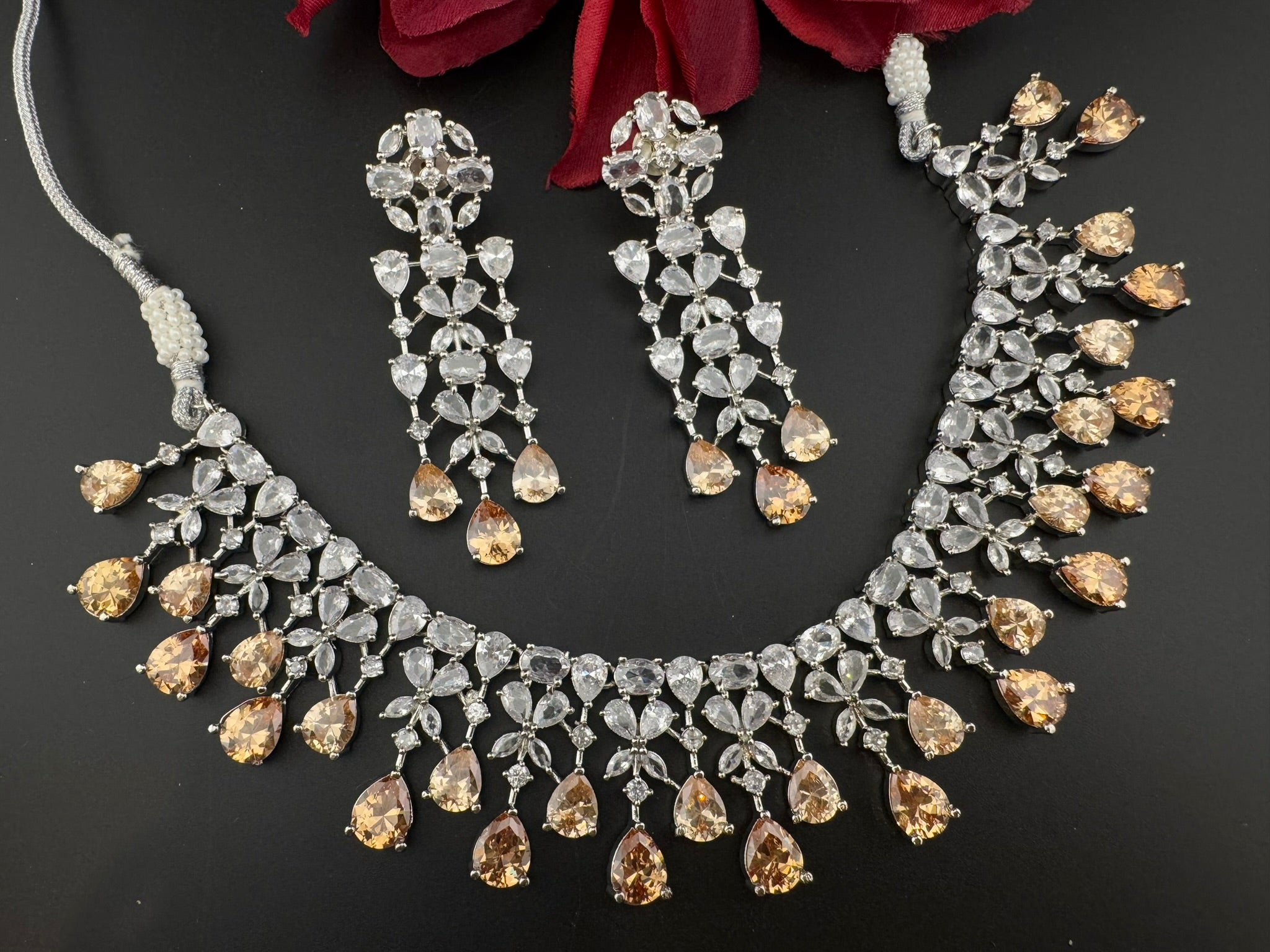 Champagne Premium Designer Necklace set with Swarovski crystals, Cubic Zirconia, Bridal Wear Necklace
