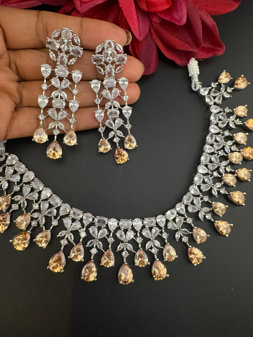 Champagne Premium Designer Necklace set with Swarovski crystals, Cubic Zirconia, Bridal Wear Necklace