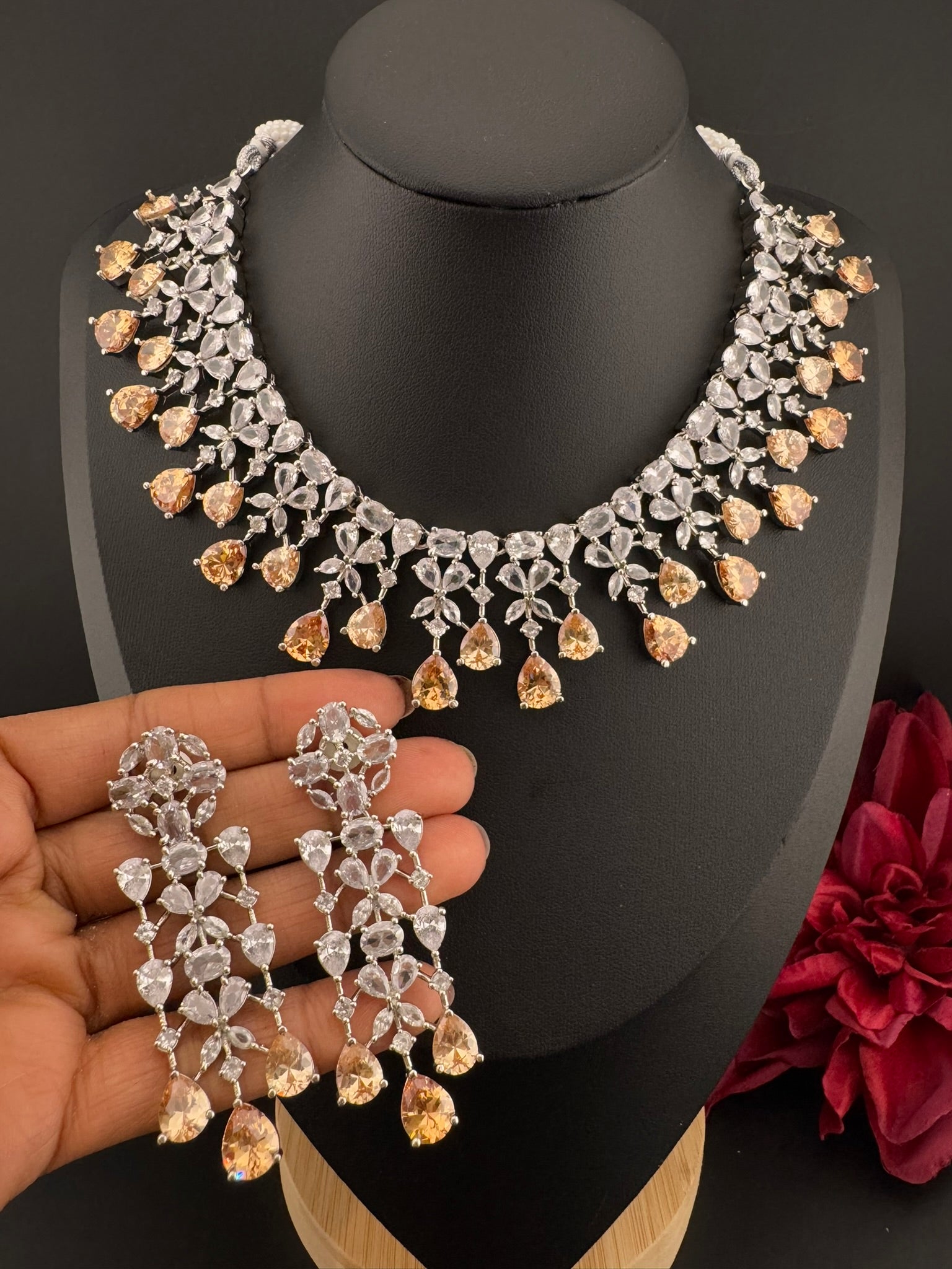 Champagne Premium Designer Necklace set with Swarovski crystals, Cubic Zirconia, Bridal Wear Necklace