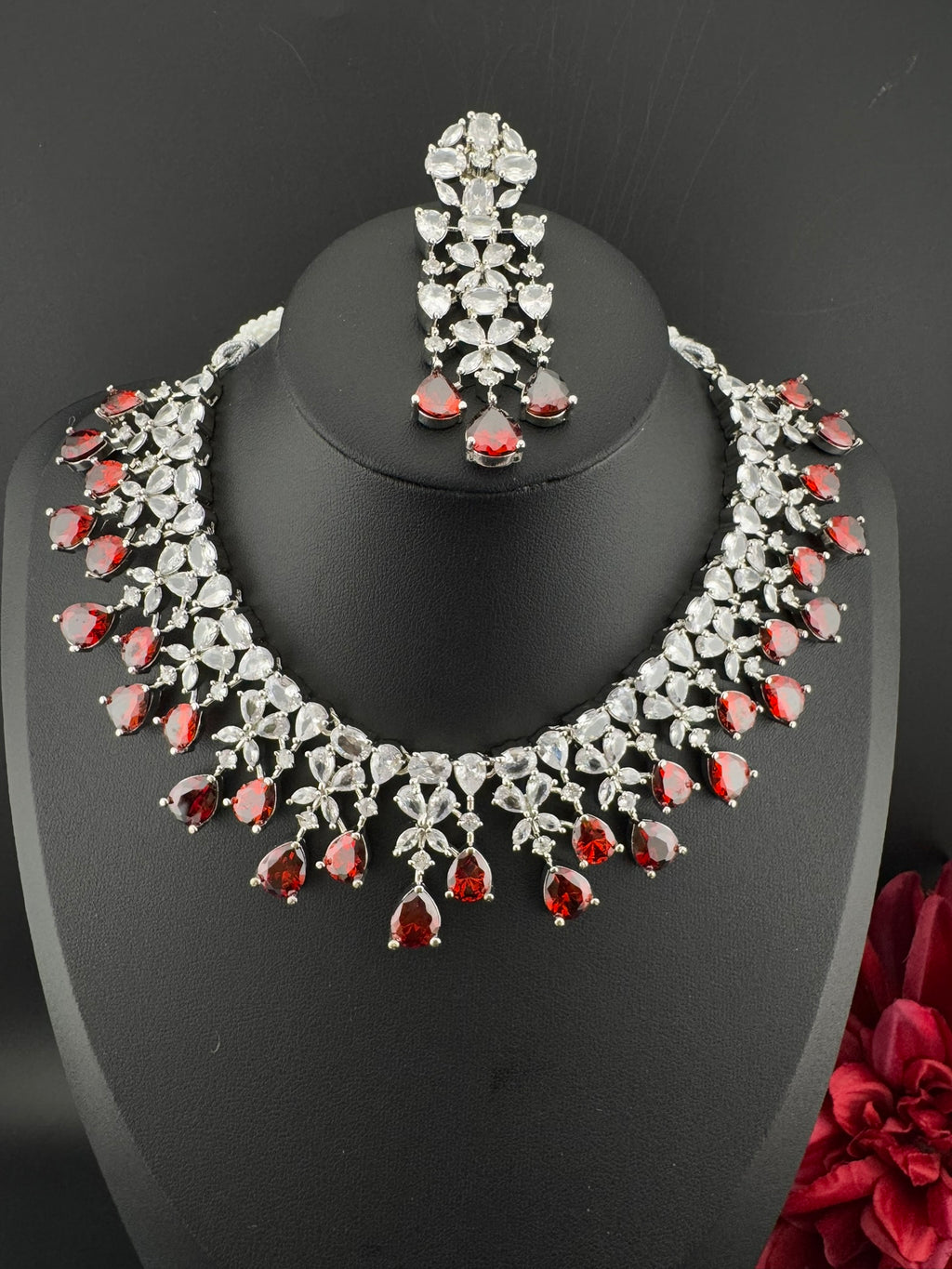 Red Premium Designer Necklace set with Swarovski crystals, Cubic Zirconia, Bridal Wear Necklace