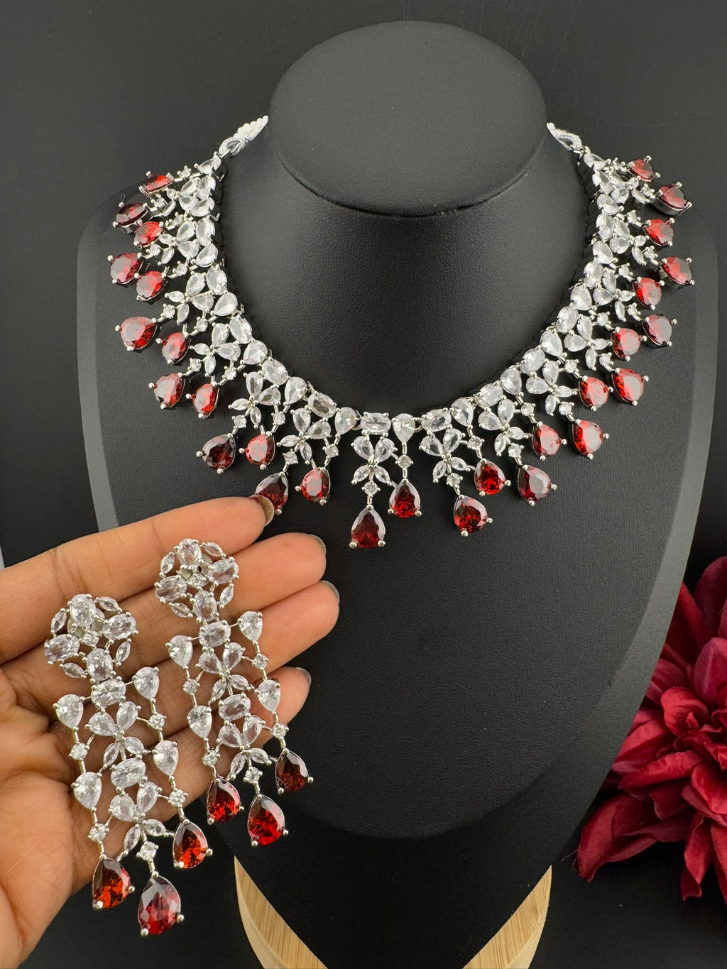 Red Premium Designer Necklace set with Swarovski crystals, Cubic Zirconia, Bridal Wear Necklace