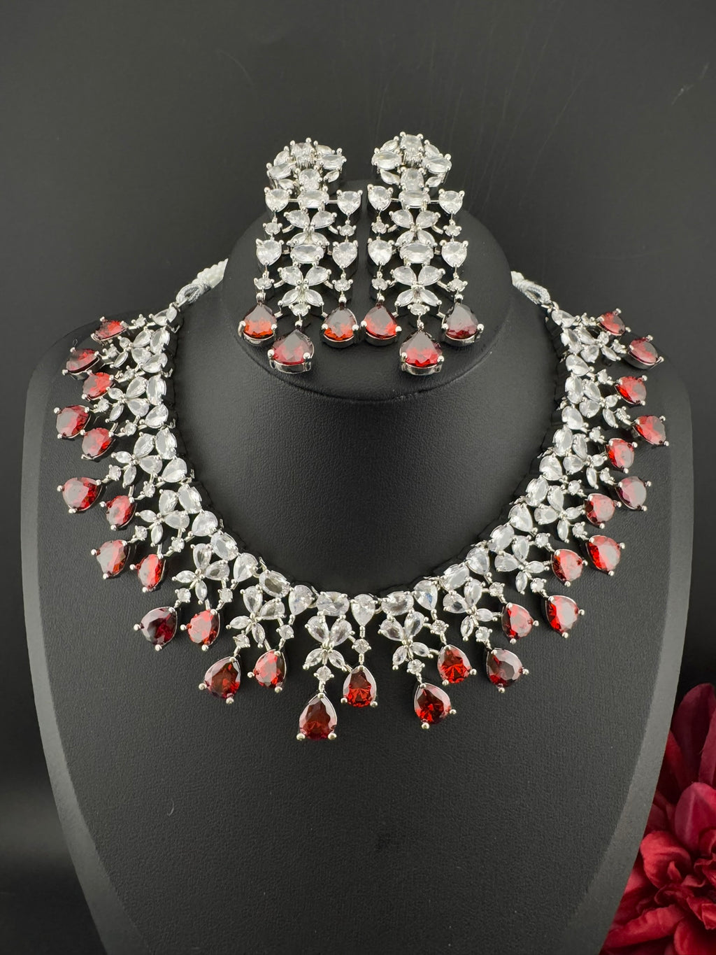 Red Premium Designer Necklace set with Swarovski crystals, Cubic Zirconia, Bridal Wear Necklace