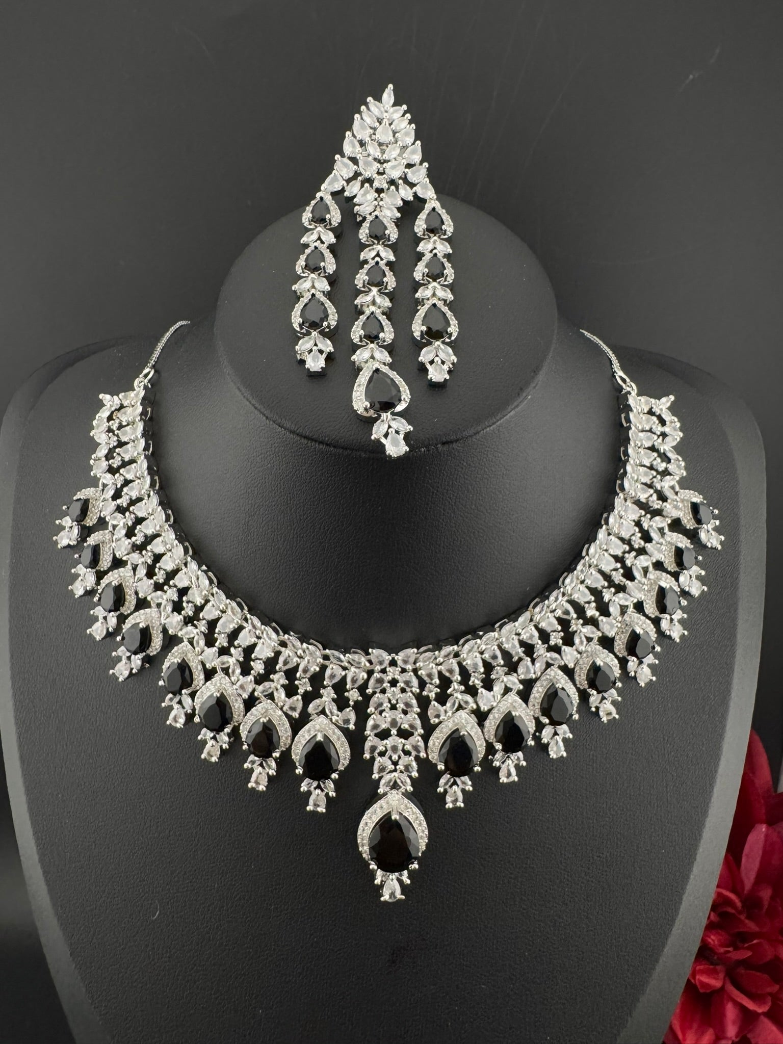 Black Premium Designer Necklace set with Swarovski crystals, Cubic Zirconia, Bridal Wear Necklace