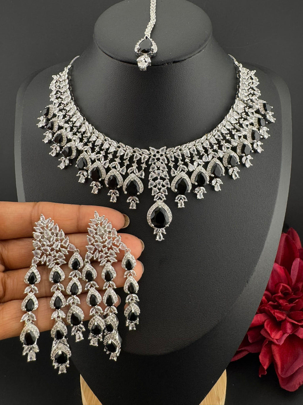 Black Premium Designer Necklace set with Swarovski crystals, Cubic Zirconia, Bridal Wear Necklace