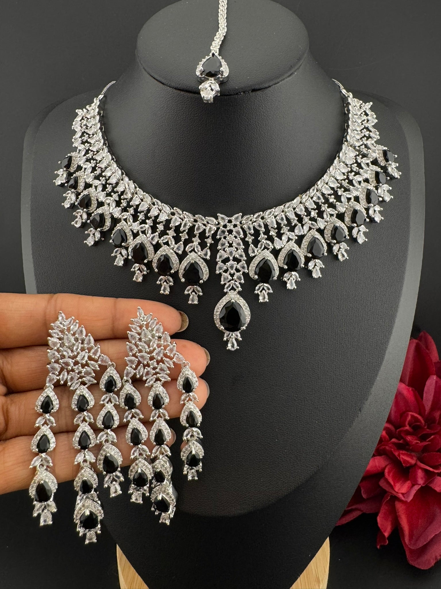 Black Premium Designer Necklace set with Swarovski crystals, Cubic Zirconia, Bridal Wear Necklace