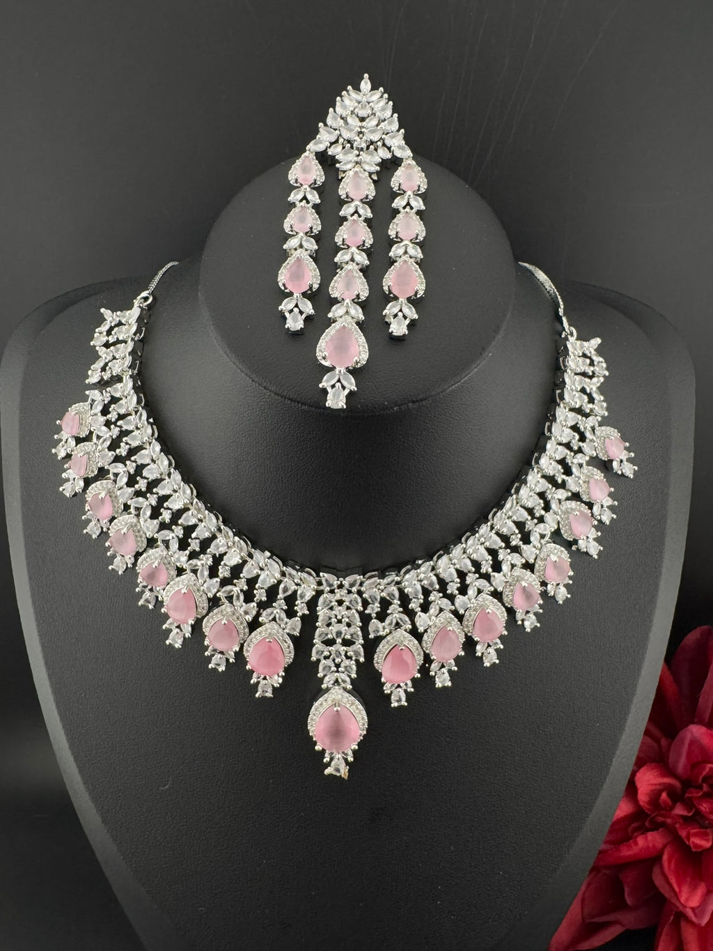 Pink Premium Designer Necklace set with Swarovski crystals, Cubic Zirconia, Bridal Wear Necklace