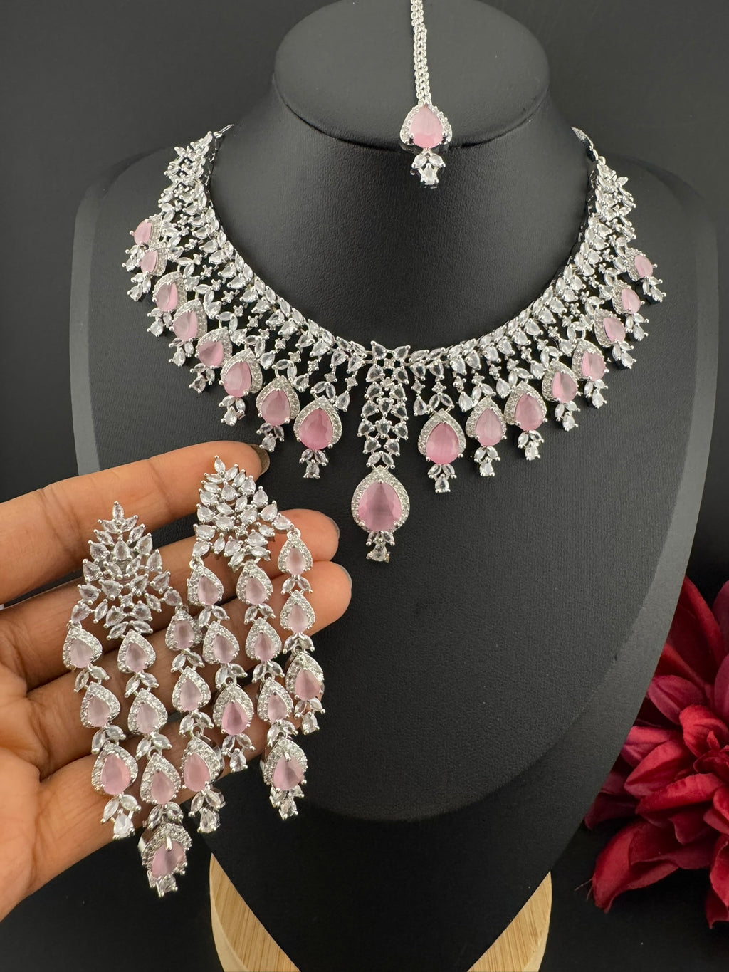 Pink Premium Designer Necklace set with Swarovski crystals, Cubic Zirconia, Bridal Wear Necklace