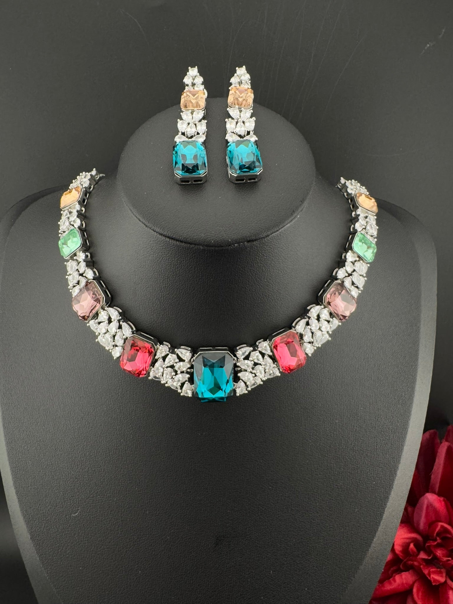 Pink and Multicolor Premium Designer Necklace set with Swarovski crystals, Cubic Zirconia, Bridal Wear Necklace