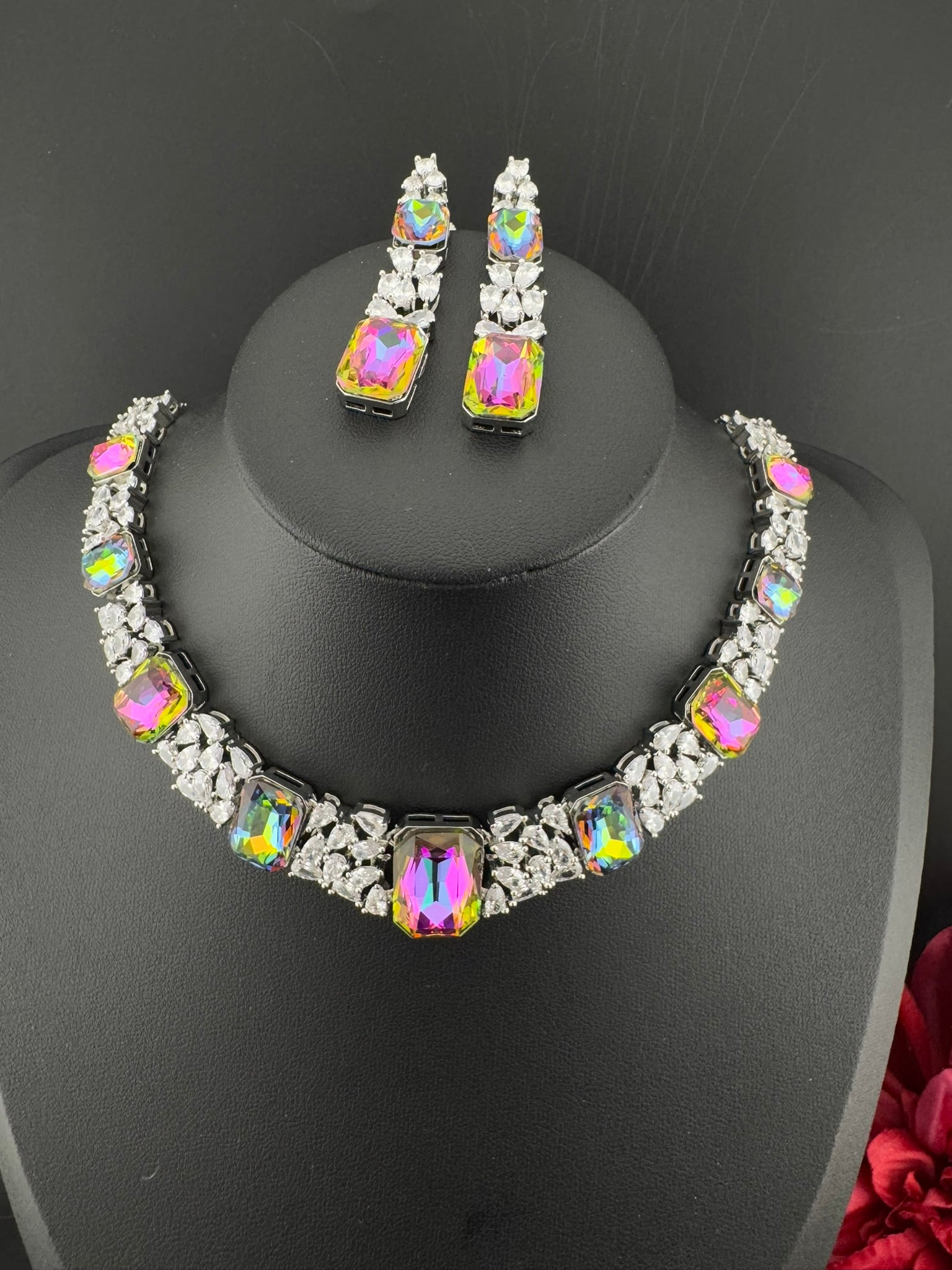 Pink and Multicolor Premium Designer Necklace set with Swarovski crystals, Cubic Zirconia, Bridal Wear Necklace