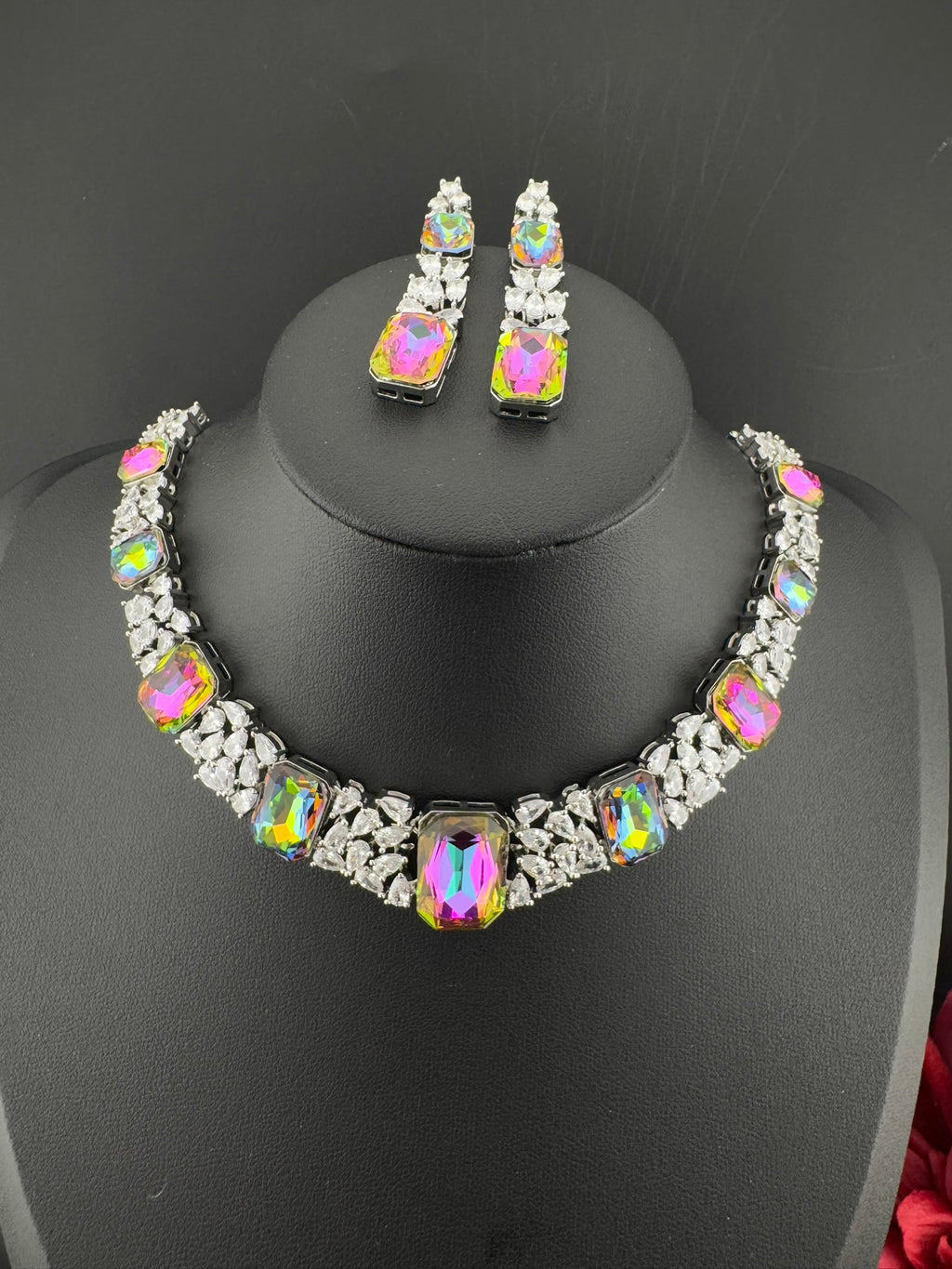 Pink and Multicolor Premium Designer Necklace set with Swarovski crystals, Cubic Zirconia, Bridal Wear Necklace
