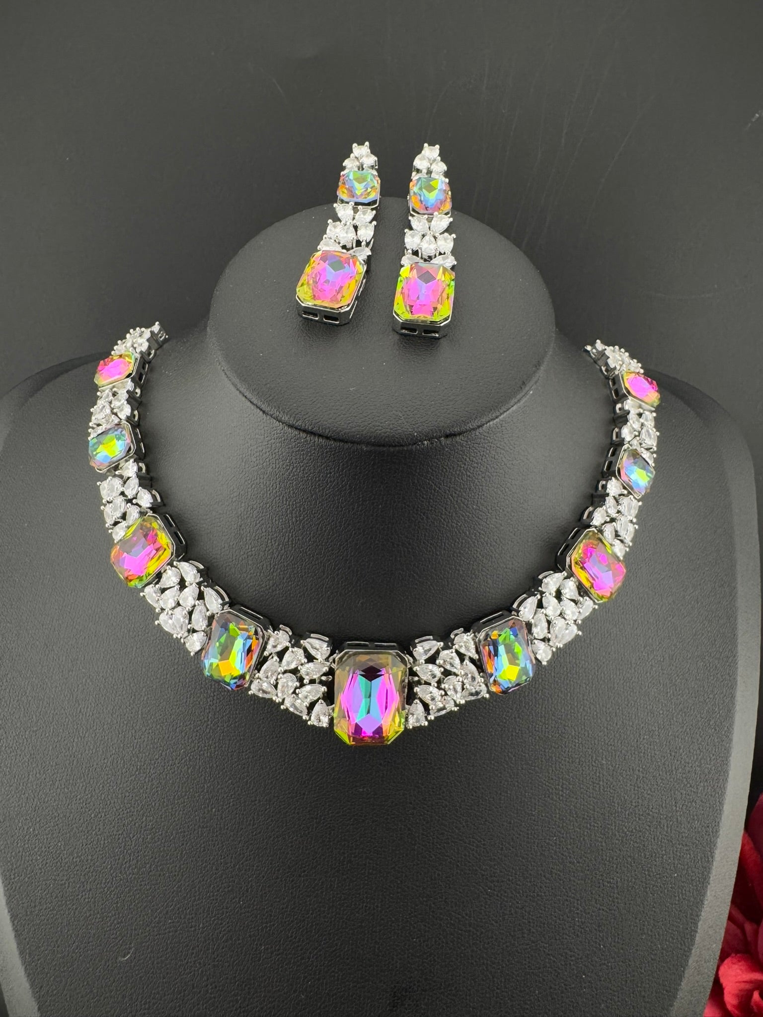Pink and Multicolor Premium Designer Necklace set with Swarovski crystals, Cubic Zirconia, Bridal Wear Necklace