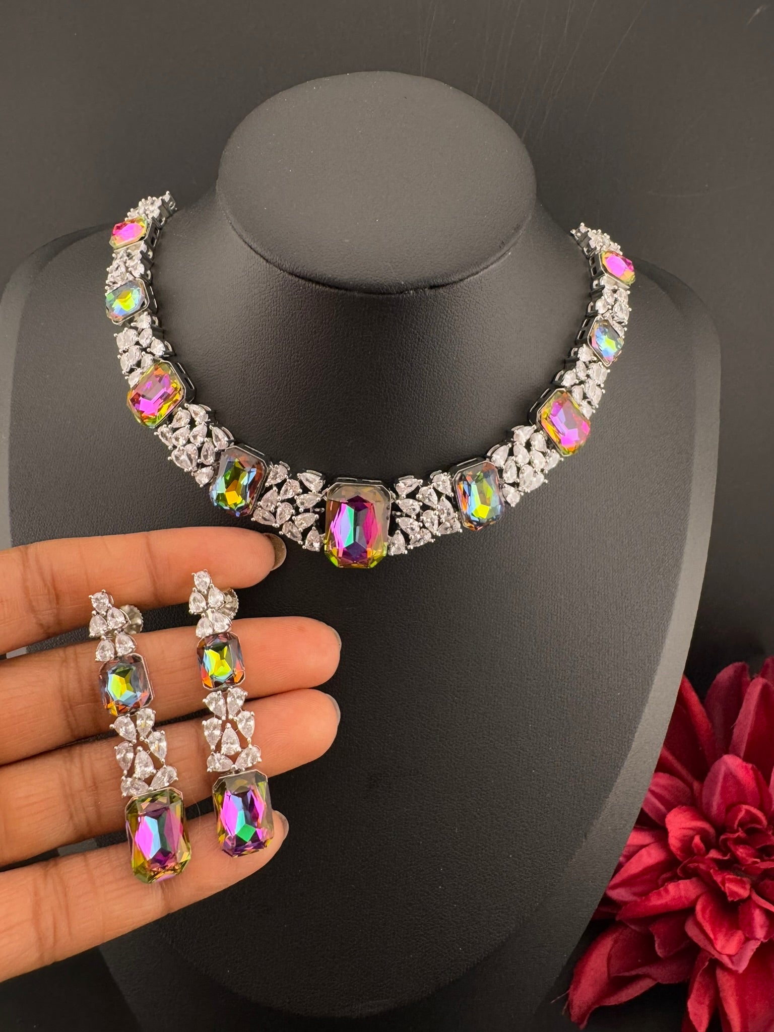 Pink and Multicolor Premium Designer Necklace set with Swarovski crystals, Cubic Zirconia, Bridal Wear Necklace