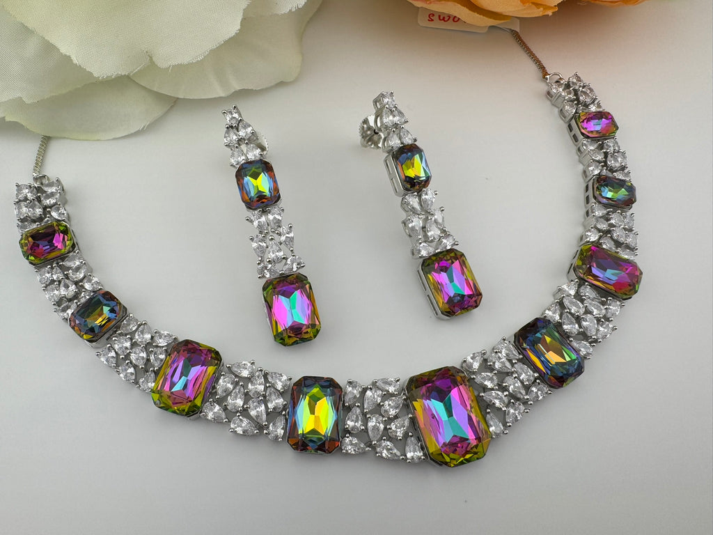Pink and Multicolor Premium Designer Necklace set with Swarovski crystals, Cubic Zirconia, Bridal Wear Necklace