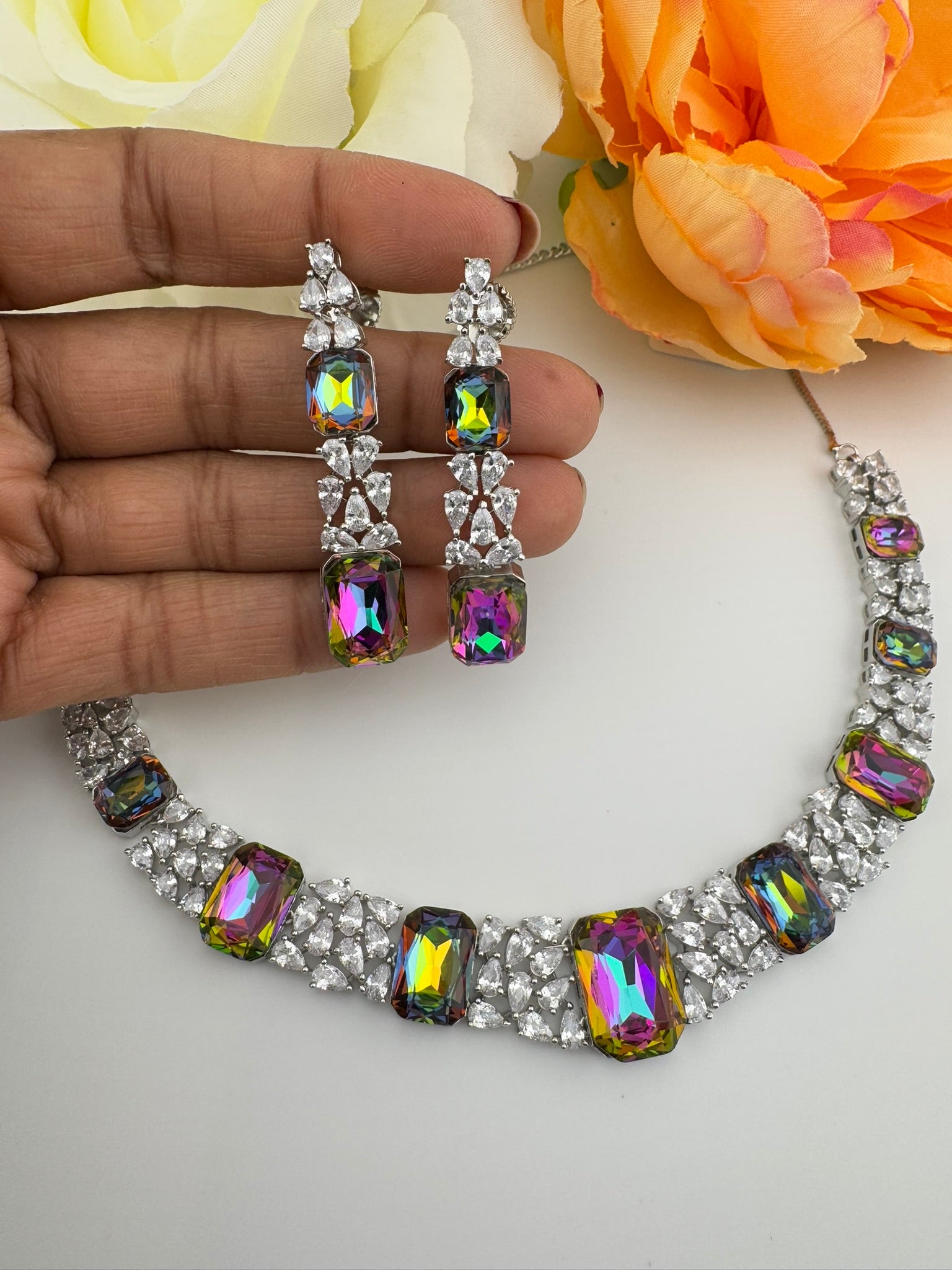 Pink and Multicolor Premium Designer Necklace set with Swarovski crystals, Cubic Zirconia, Bridal Wear Necklace