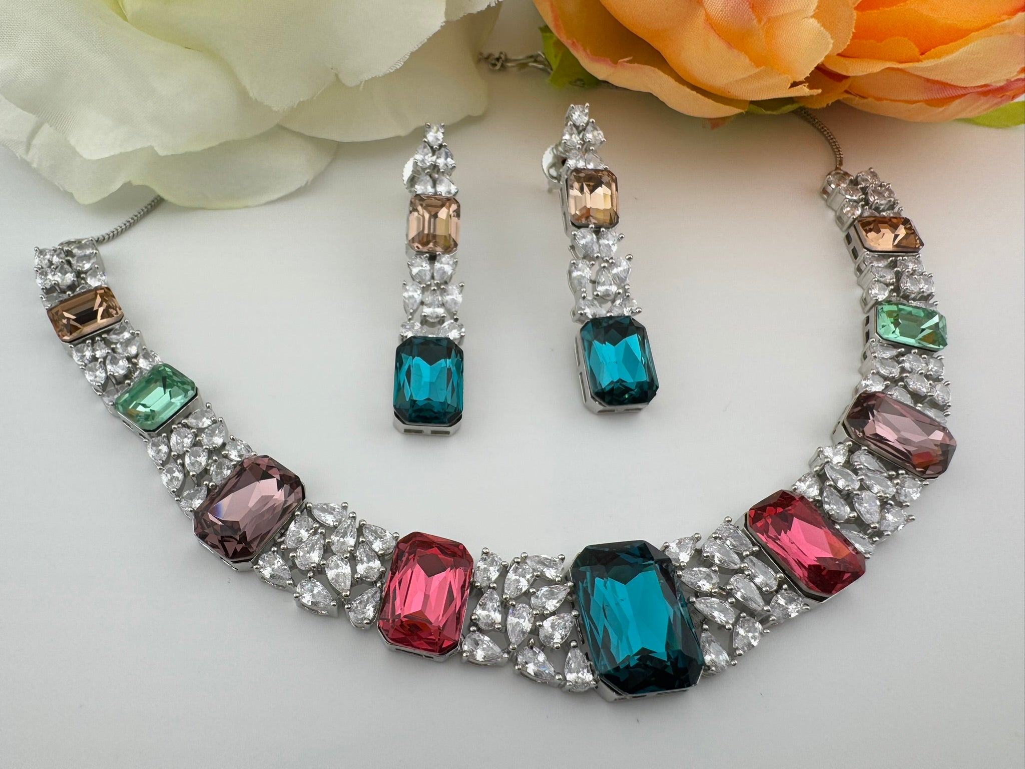 Pink and Multicolor Premium Designer Necklace set with Swarovski crystals, Cubic Zirconia, Bridal Wear Necklace
