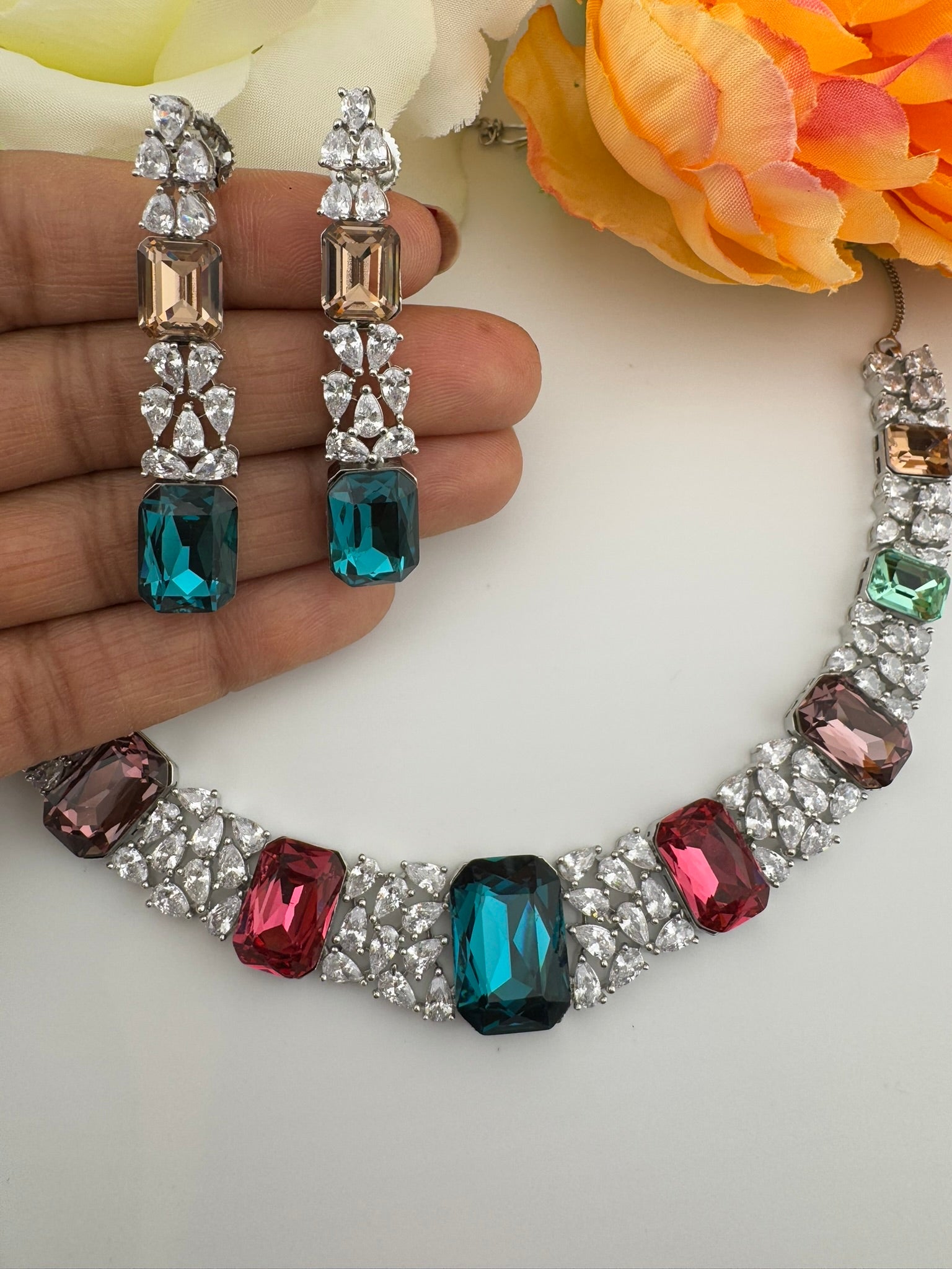 Pink and Multicolor Premium Designer Necklace set with Swarovski crystals, Cubic Zirconia, Bridal Wear Necklace