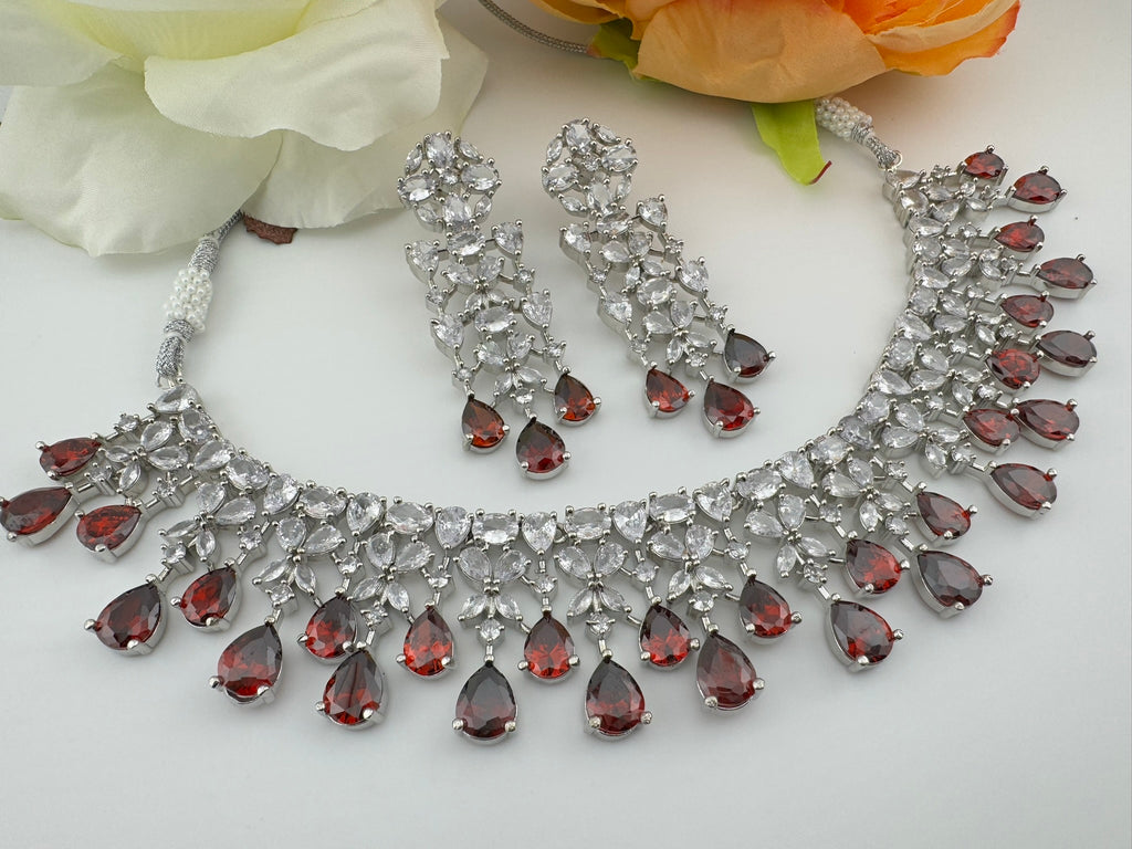 Red Premium Designer Necklace set with Swarovski crystals, Cubic Zirconia, Bridal Wear Necklace