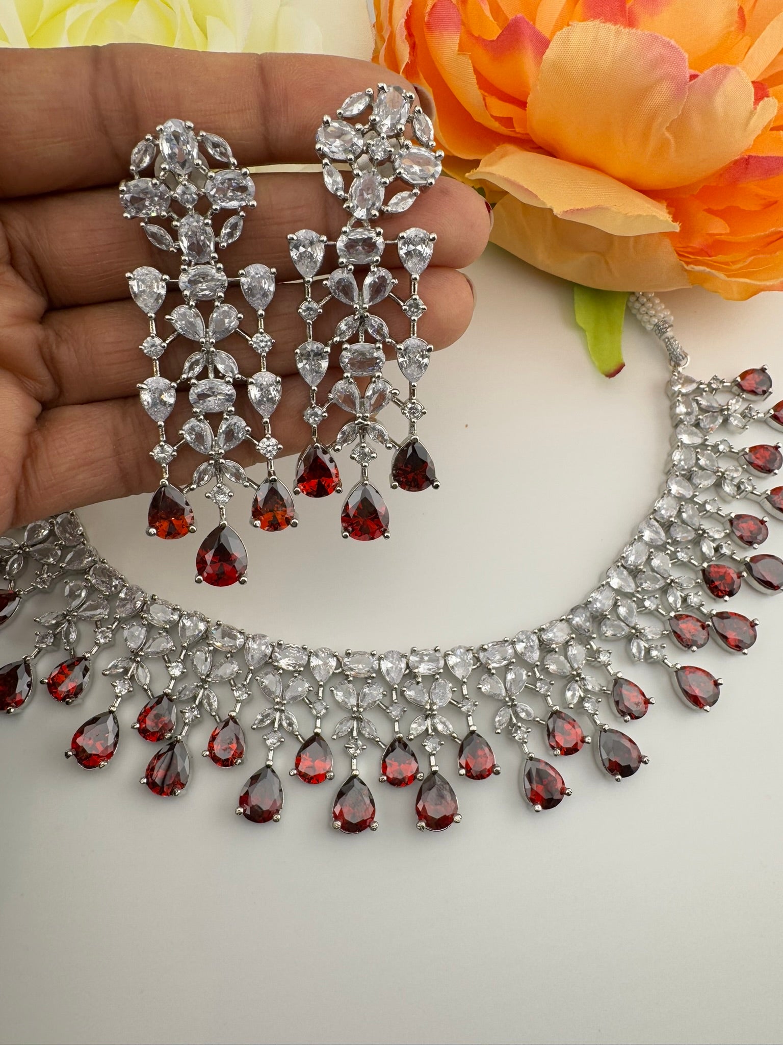 Red Premium Designer Necklace set with Swarovski crystals, Cubic Zirconia, Bridal Wear Necklace