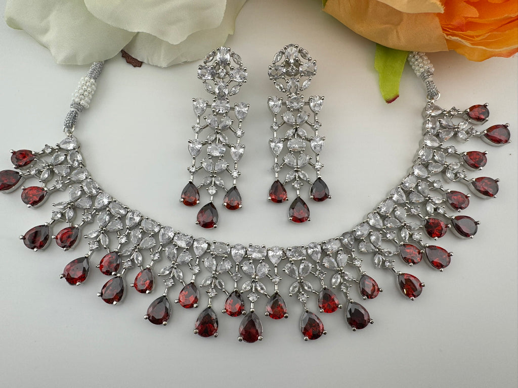 Red Premium Designer Necklace set with Swarovski crystals, Cubic Zirconia, Bridal Wear Necklace
