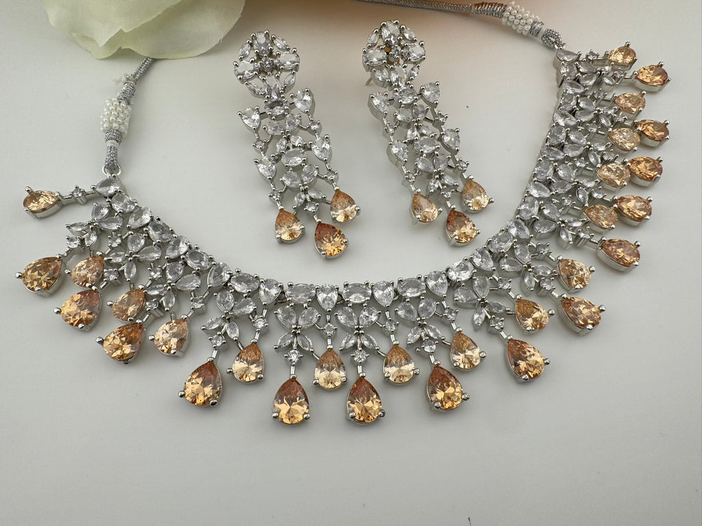 Champagne Premium Designer Necklace set with Swarovski crystals, Cubic Zirconia, Bridal Wear Necklace