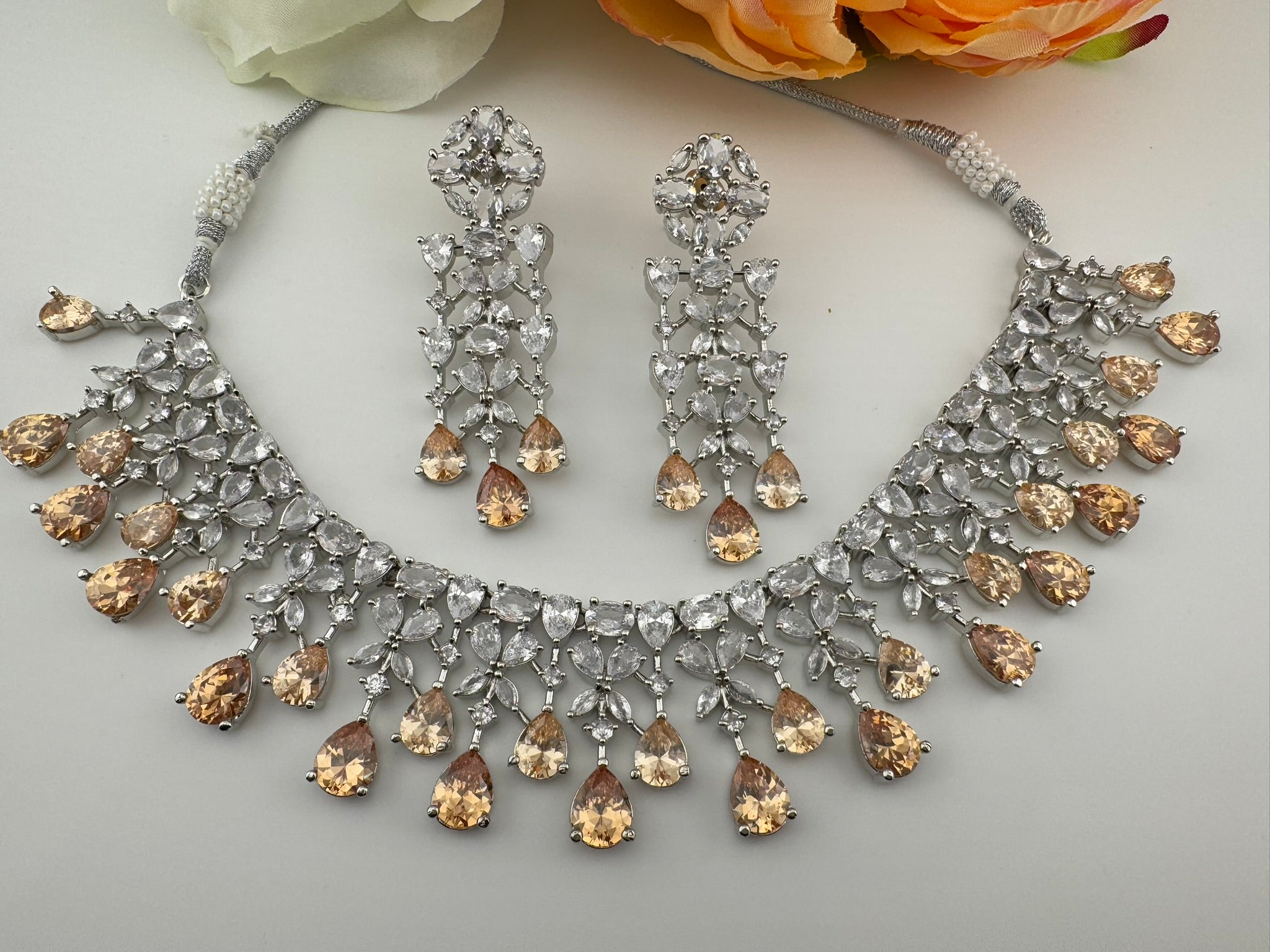 Champagne Premium Designer Necklace set with Swarovski crystals, Cubic Zirconia, Bridal Wear Necklace