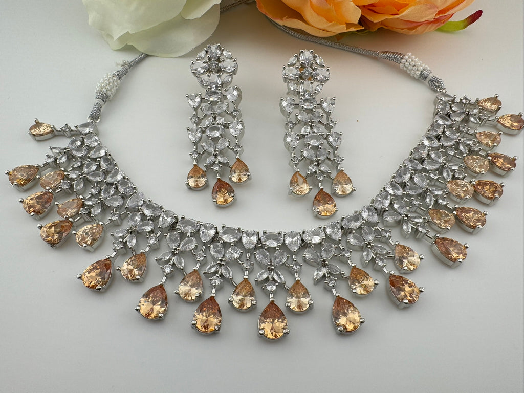 Champagne Premium Designer Necklace set with Swarovski crystals, Cubic Zirconia, Bridal Wear Necklace