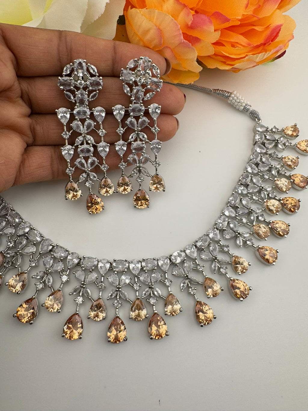 Champagne Premium Designer Necklace set with Swarovski crystals, Cubic Zirconia, Bridal Wear Necklace