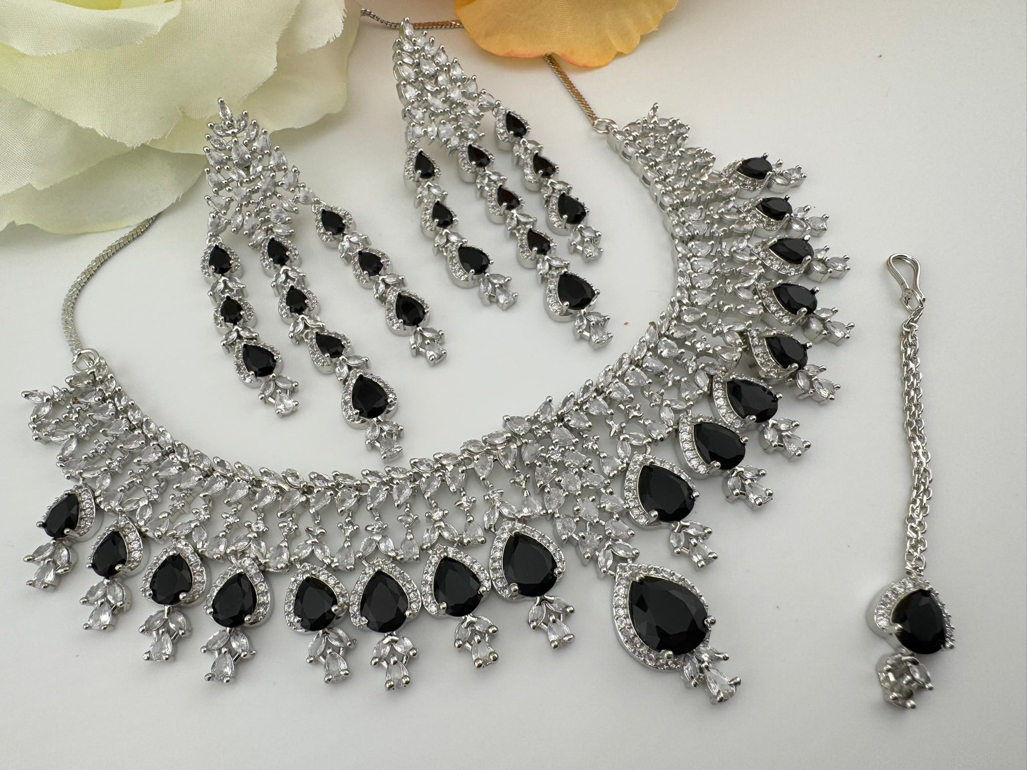 Black Premium Designer Necklace set with Swarovski crystals, Cubic Zirconia, Bridal Wear Necklace
